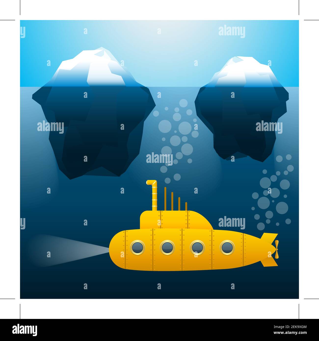 U-Boot unter Wasser. Eisberge. Cartoon-Stil. Helle Farben. Vektorbild. Stock Vektor