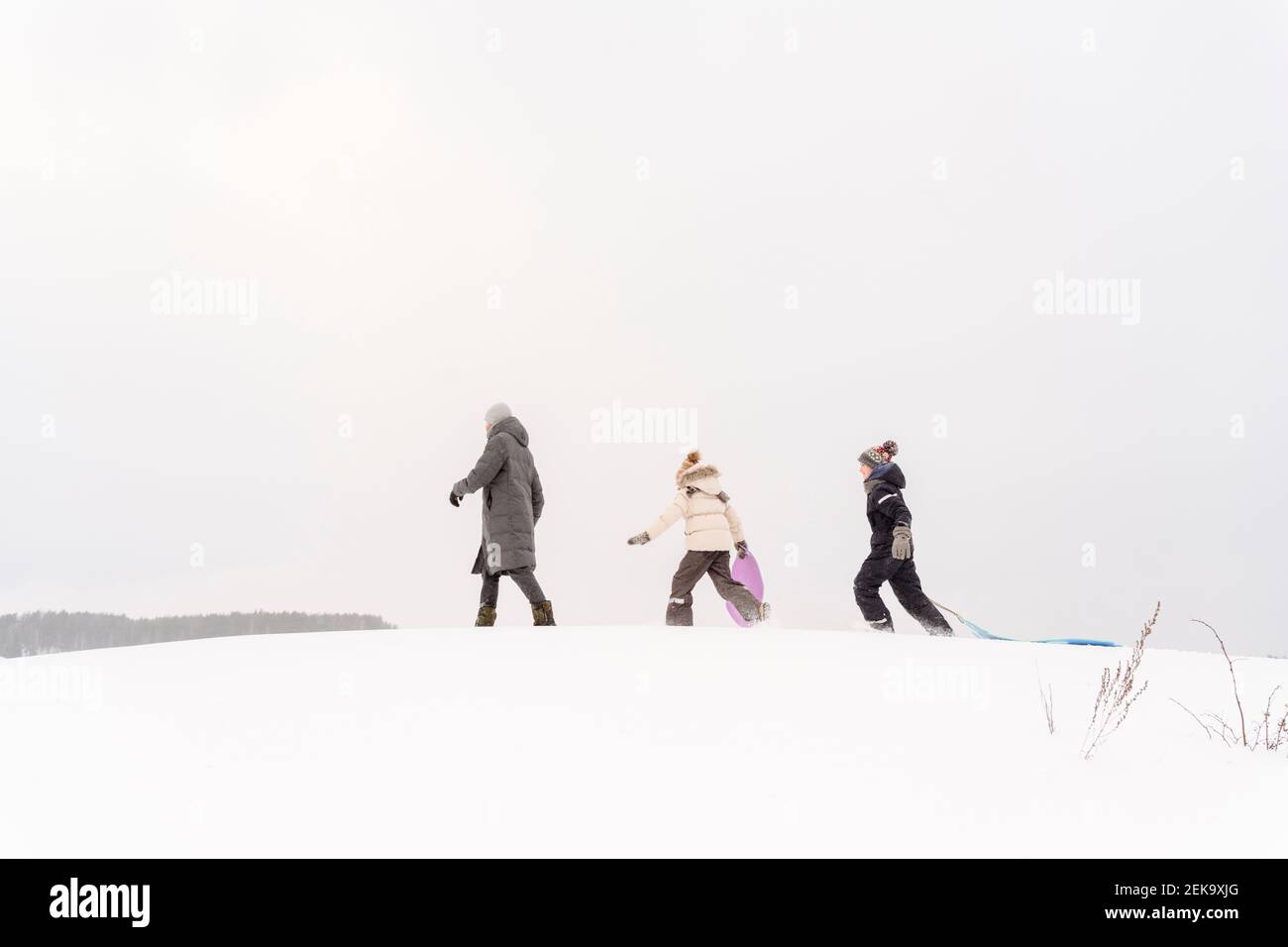 Vater und Kinder gehen mit Schlitten auf schneebedecktem Land Gegen den Himmel Stockfoto
