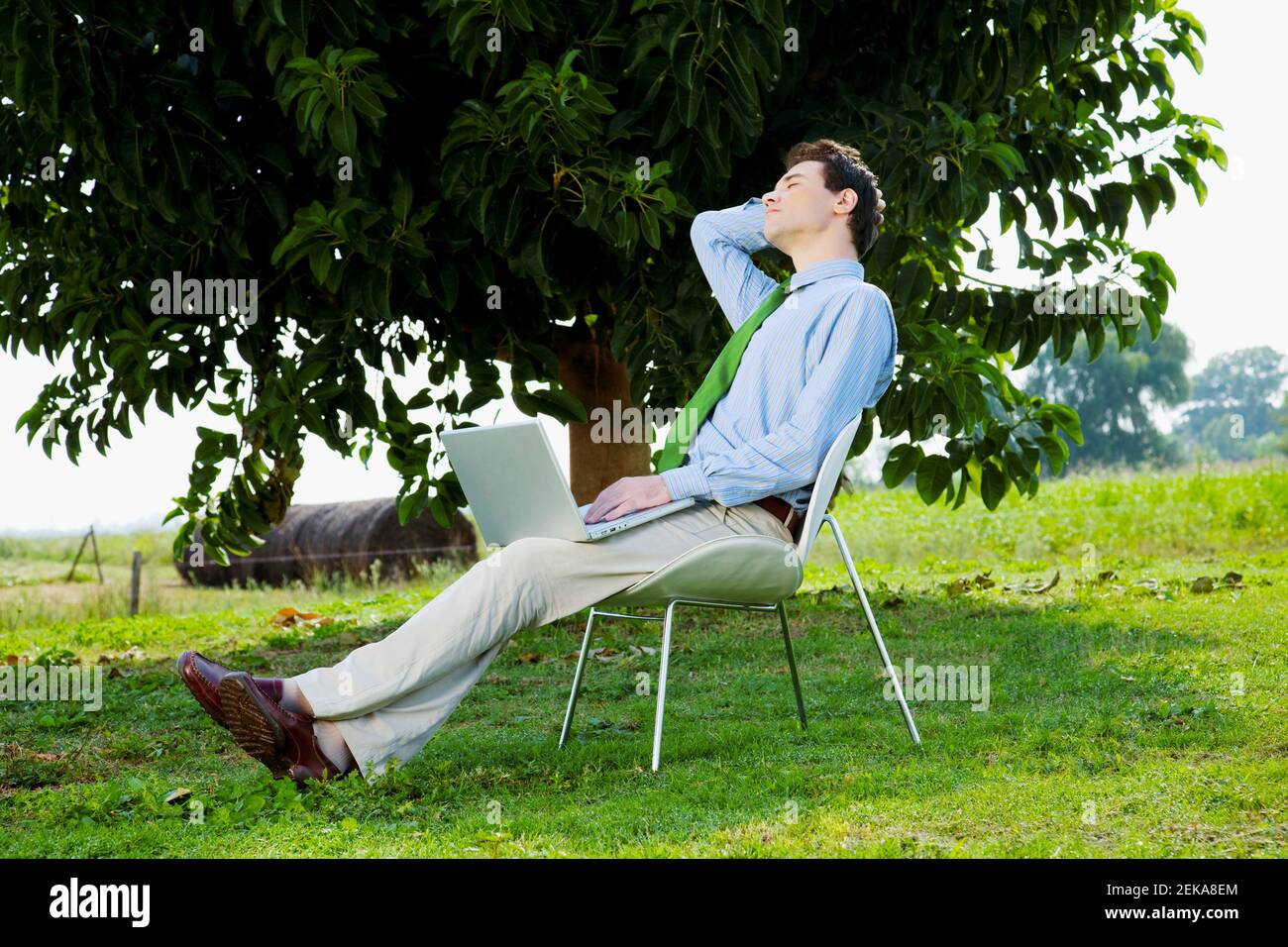 Geschäftsmann, der müde mit einem Laptop auf einem Feld aussieht Stockfoto