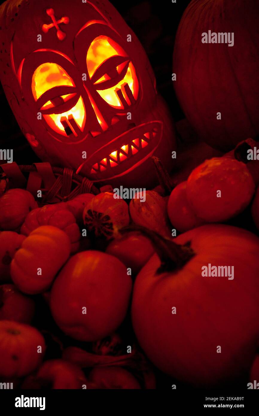 Nahaufnahme der Laternen von Glowing Jack OÅ½ Stockfoto