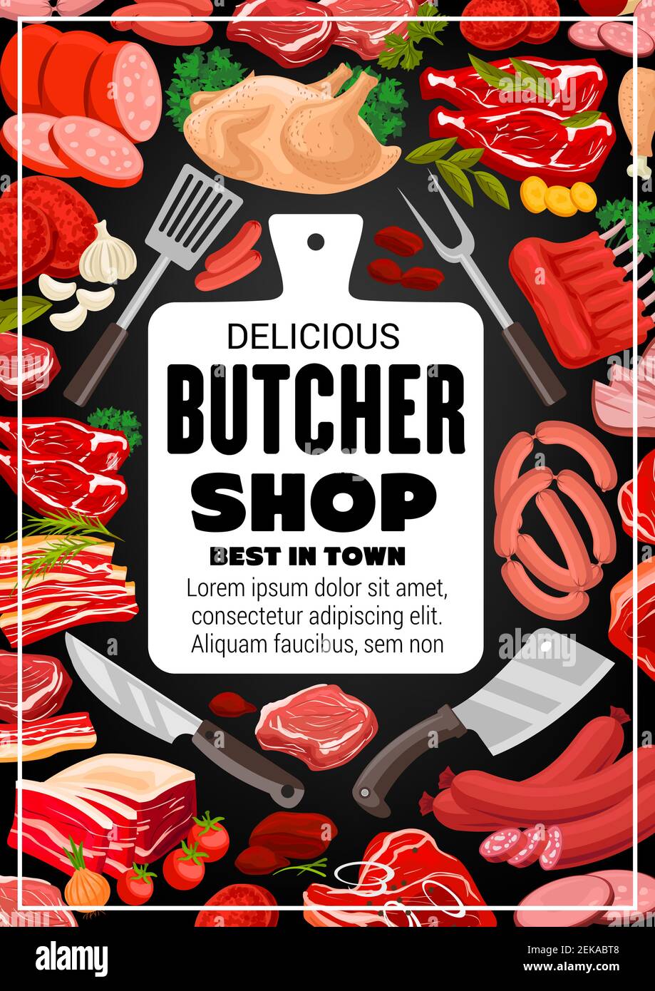 Metzgerei grillfleisch und Feinkostwürste. Vector Kochen und Gastronomie Fleisch Lebensmittel Produkte, pute oder Huhn, Salami und Cervelat Wurst, Biene Stock Vektor
