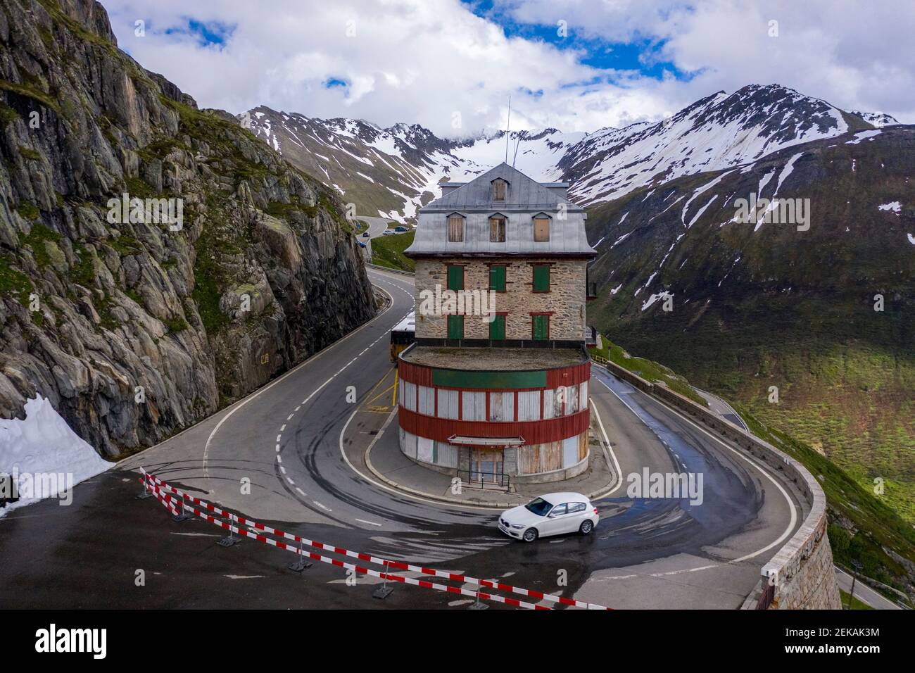 Schweiz, Wallis, Rhonegletscher, Luftansicht des Berghotels Stockfoto