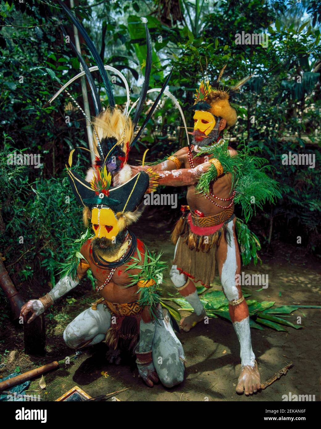 Der rote ockerfarbene und gelbe Ton der Huli, genannt 'ambua', gilt in ihrer Kultur als heilig. DAS HOCHLAND, PAPUA-NEUGUINEA: STAMMESANGEHÖRIGEN in vi Stockfoto