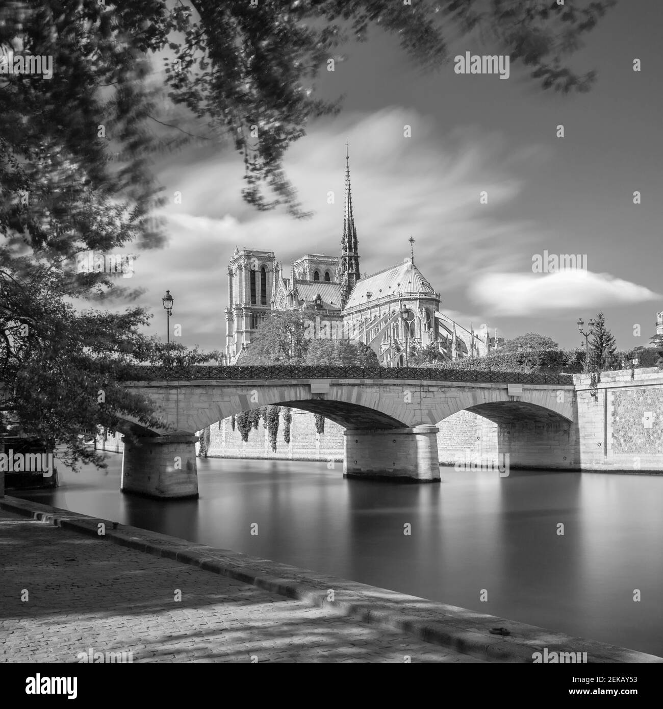 Frankreich, Ile-de-France, Paris, Pont de lArcheveche mit Notre-Dame de Paris im Hintergrund Stockfoto
