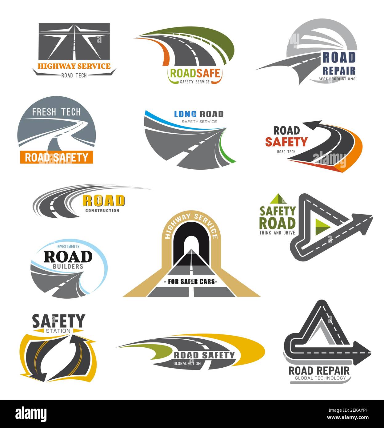 Straßen Bauunternehmen und Verkehr Kommunikation Sicherheit Service Symbole. Vector Autobahn Reparatur-Service, Auto-und Kfz-Straße oder Fahrzeug-Tunnel bui Stock Vektor