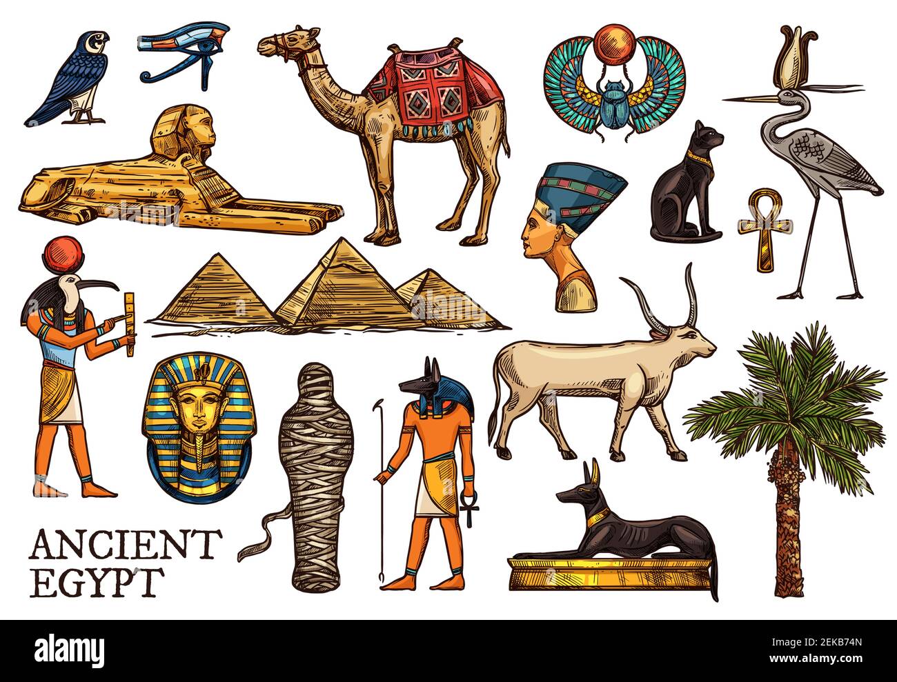Altes Ägypten Vektor Skizzen der Religion, Reise-Symbole. Gott Anubis, pharaon Pyramiden und Sphinx, ankh, Mama und Horus Auge, Skarabäus, Tutanchamun, BL Stock Vektor