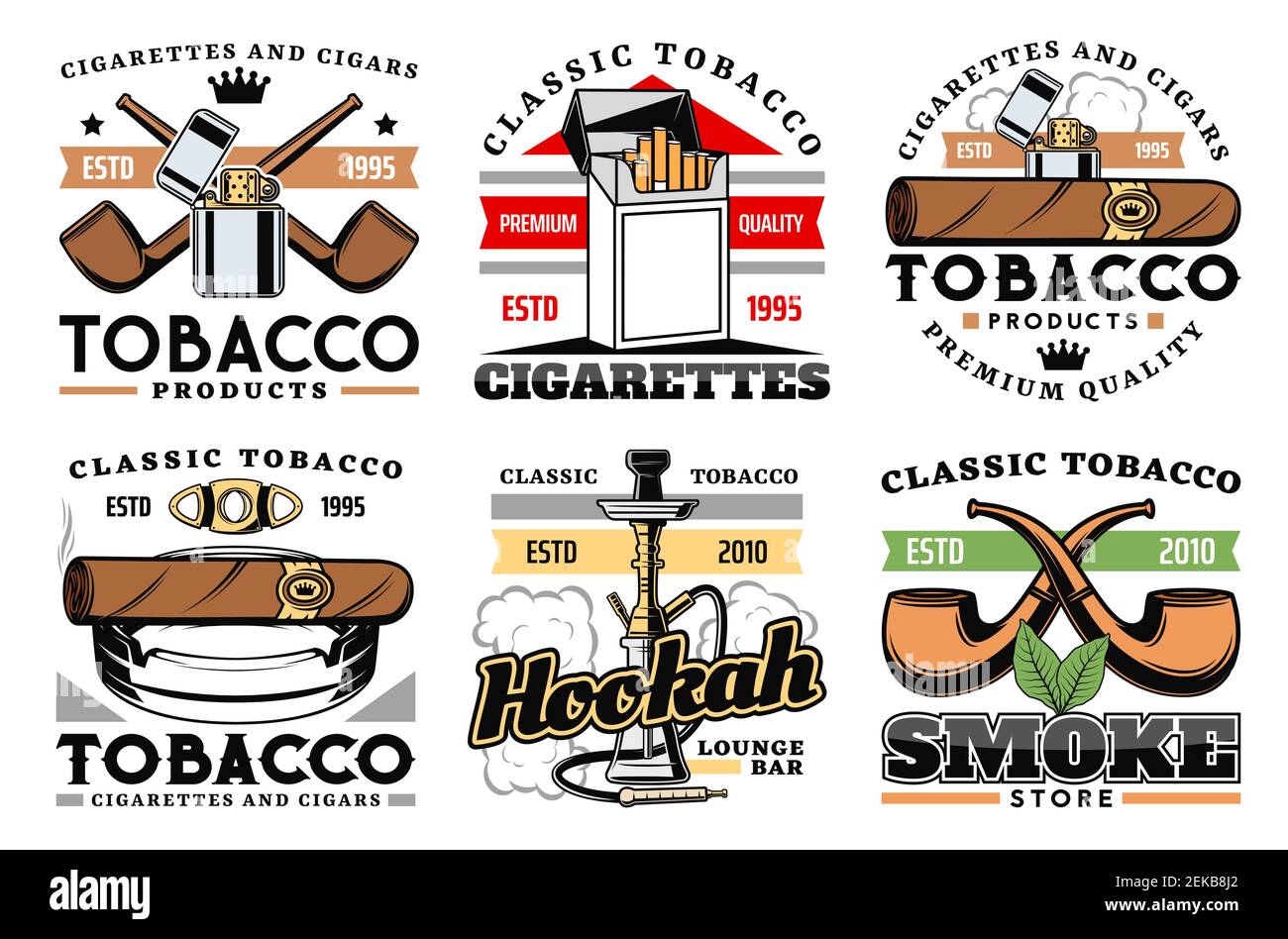 Zigarren, Zigaretten und Premium-Qualität Tabakfabrik oder Firmenetiketten. Vektor-Ikonen des Rauchens Pfeifen Speicher, Shisha und Lounge Bar Schild, vint Stock Vektor