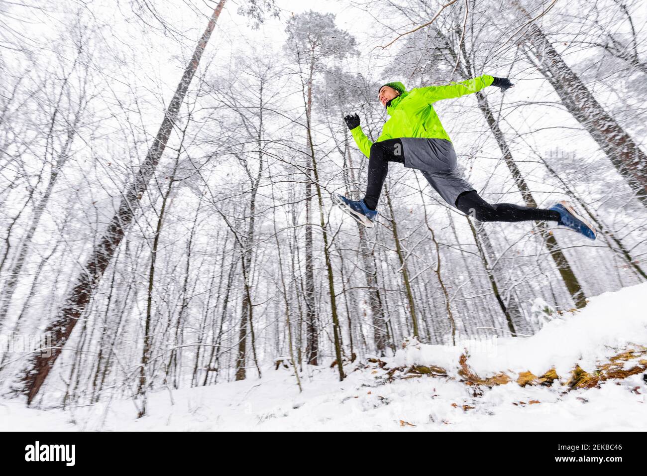 Männlicher Athlet, der über schneebedeckten gefallenen Baum im Wald springt Im Winter Stockfoto
