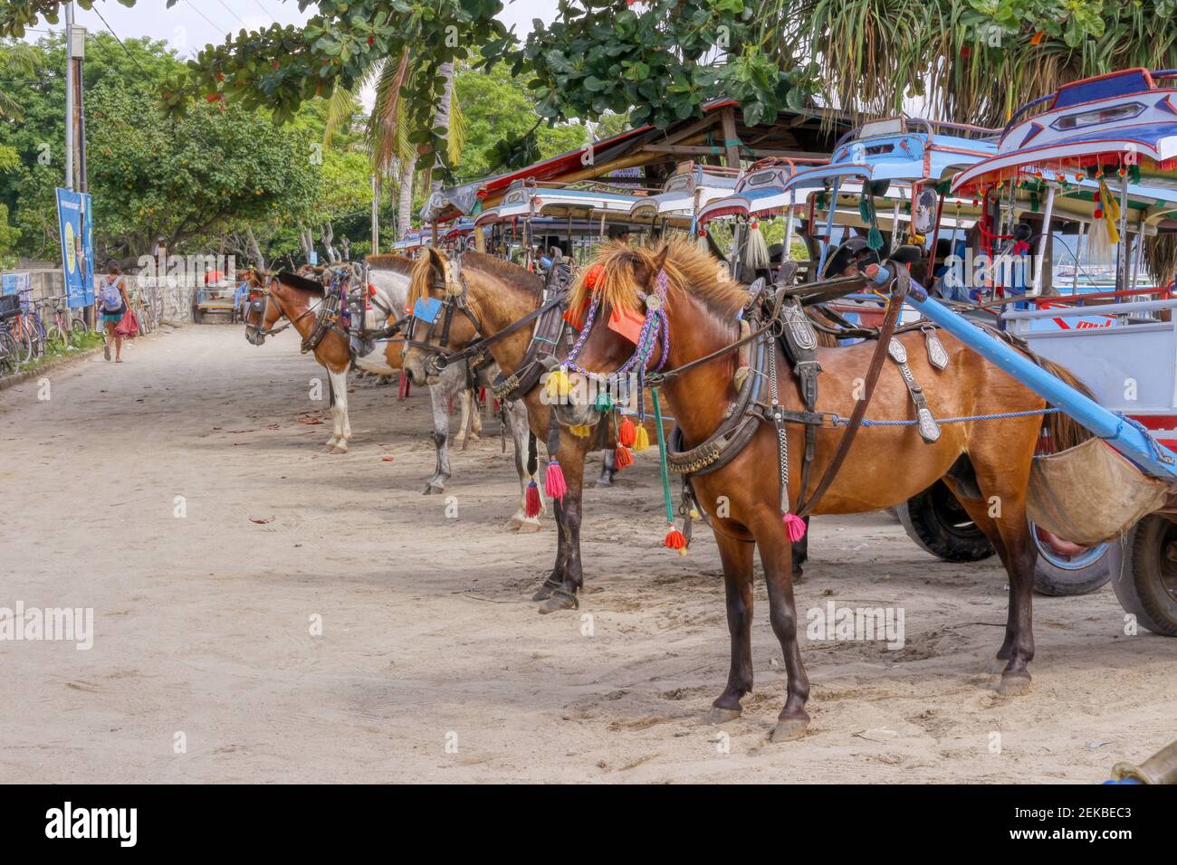 Gili Air Island im Indischen Ozean. 03.01.2017 Pony Taxi auf der Insel. Privater Transport. Auf der Insel gibt es keine Ausrüstung für Kraftstoff und Schmiermittel Stockfoto