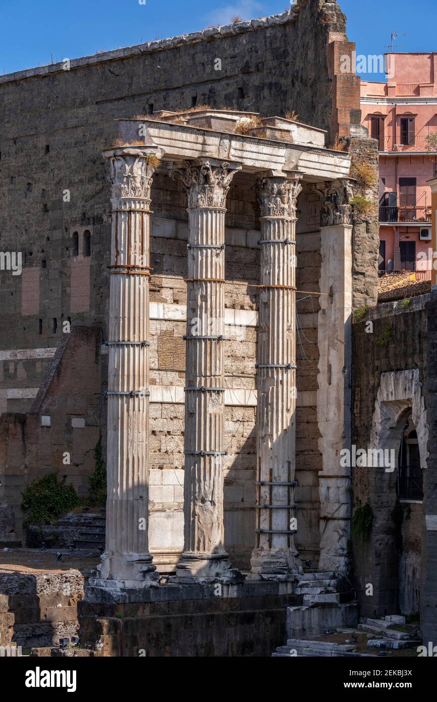 Italien, Rom, Forum des Augustus, alte korinthische Säulen des Mars Ultor Tempels Stockfoto