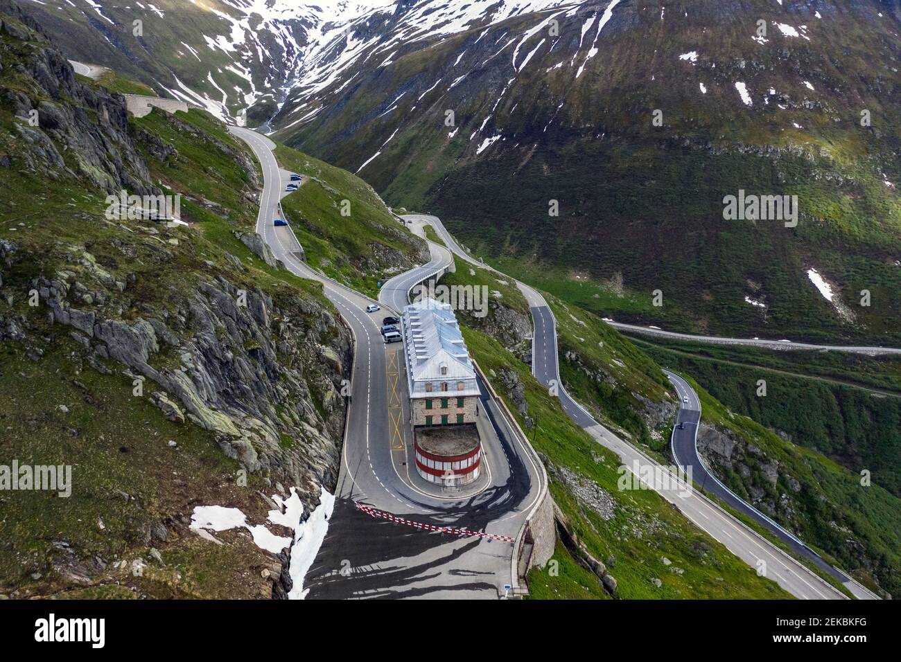 Schweiz, Wallis, Rhonegletscher, Luftansicht des Berghotels Stockfoto
