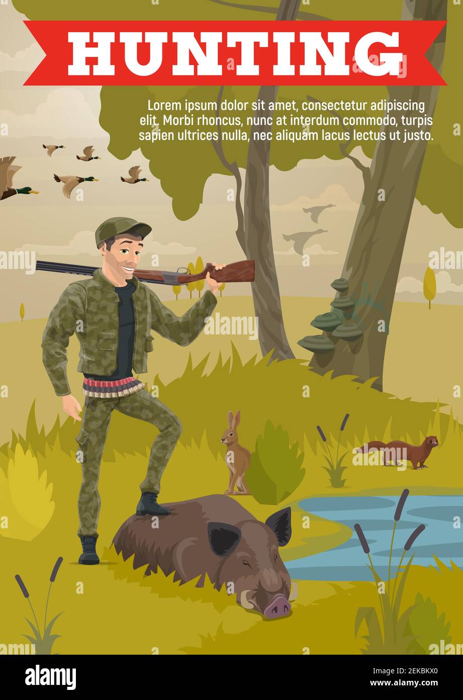 Waldjagd, Jäger in Camouflage Wildtiere Trophäe und Munition Ausrüstung, Gewehr und Patronenbandoleer. Vector Open Season Jagd nach Boa Stock Vektor