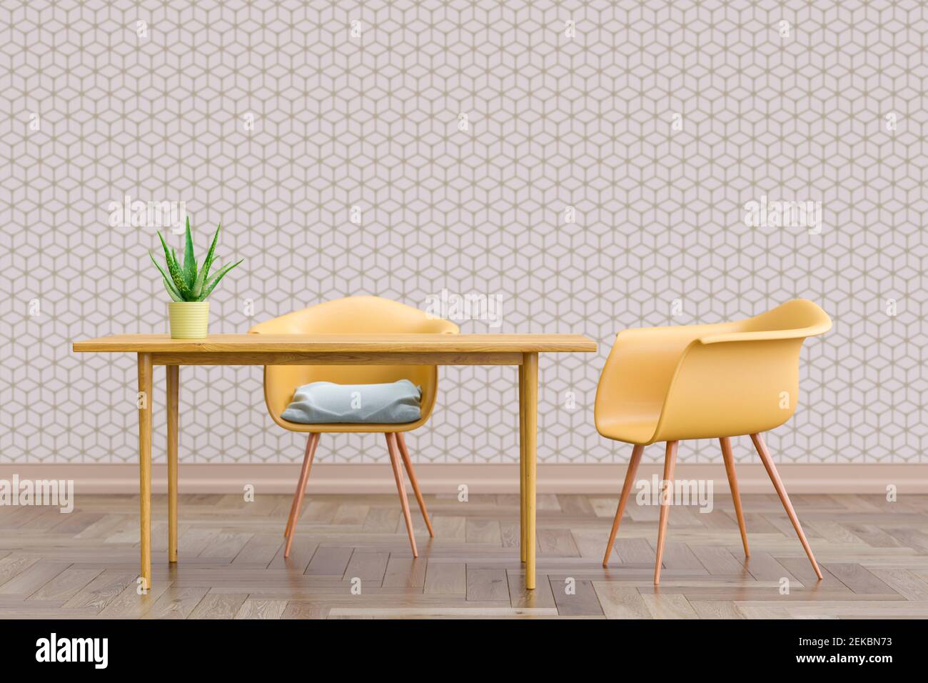 Dreidimensionale Darstellung von zwei Stühlen, die neben einem einfachen Tisch stehen Mit Wand in geometrischen Würfel Tapete bedeckt Stockfoto