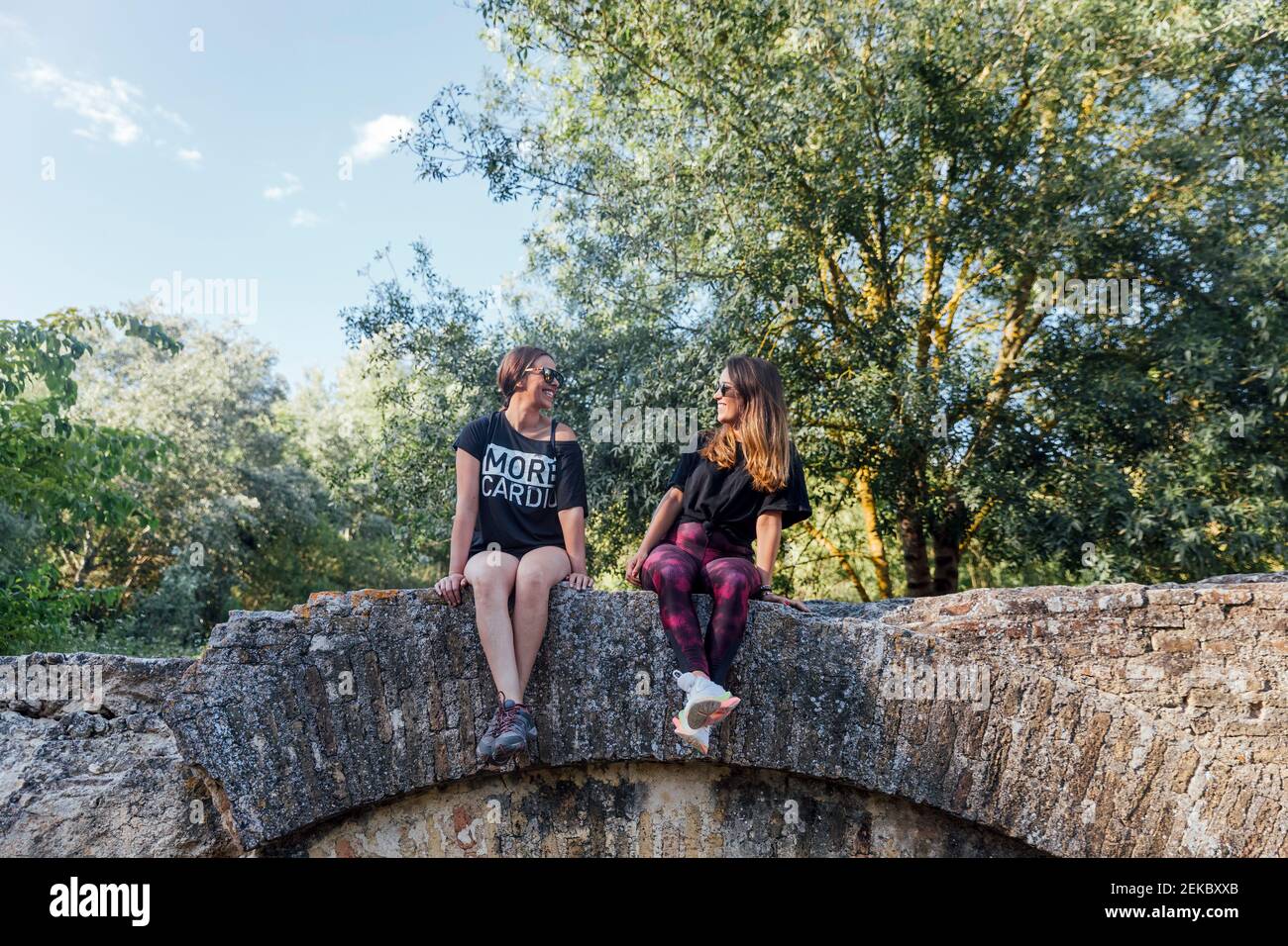 Freundinnen sitzen auf alten Mauern gegen Bäume Stockfoto