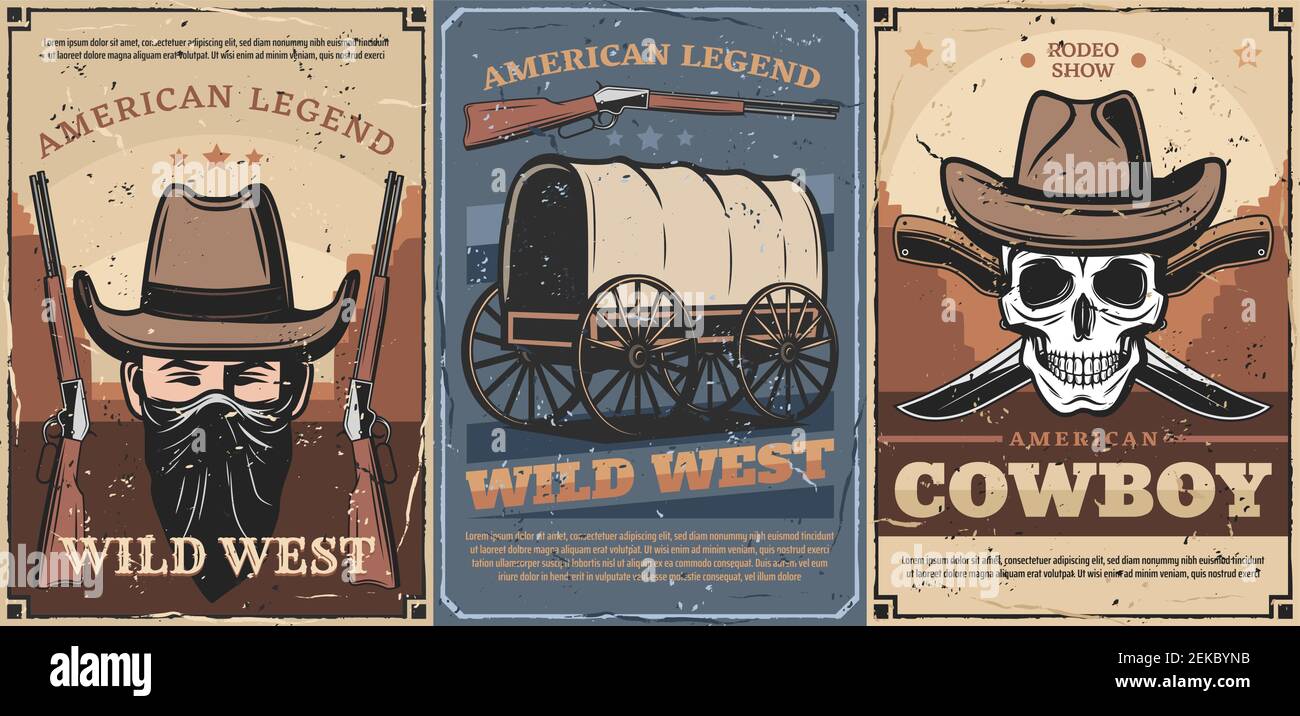 Wild West American Cowboy und Schädel Vektor-Design mit Vintage-Hüte, Waffen und Messer, alten Waggonwagen, Sheriff Gewehr, Bandana und Wüstenlandschaft. Ame Stock Vektor