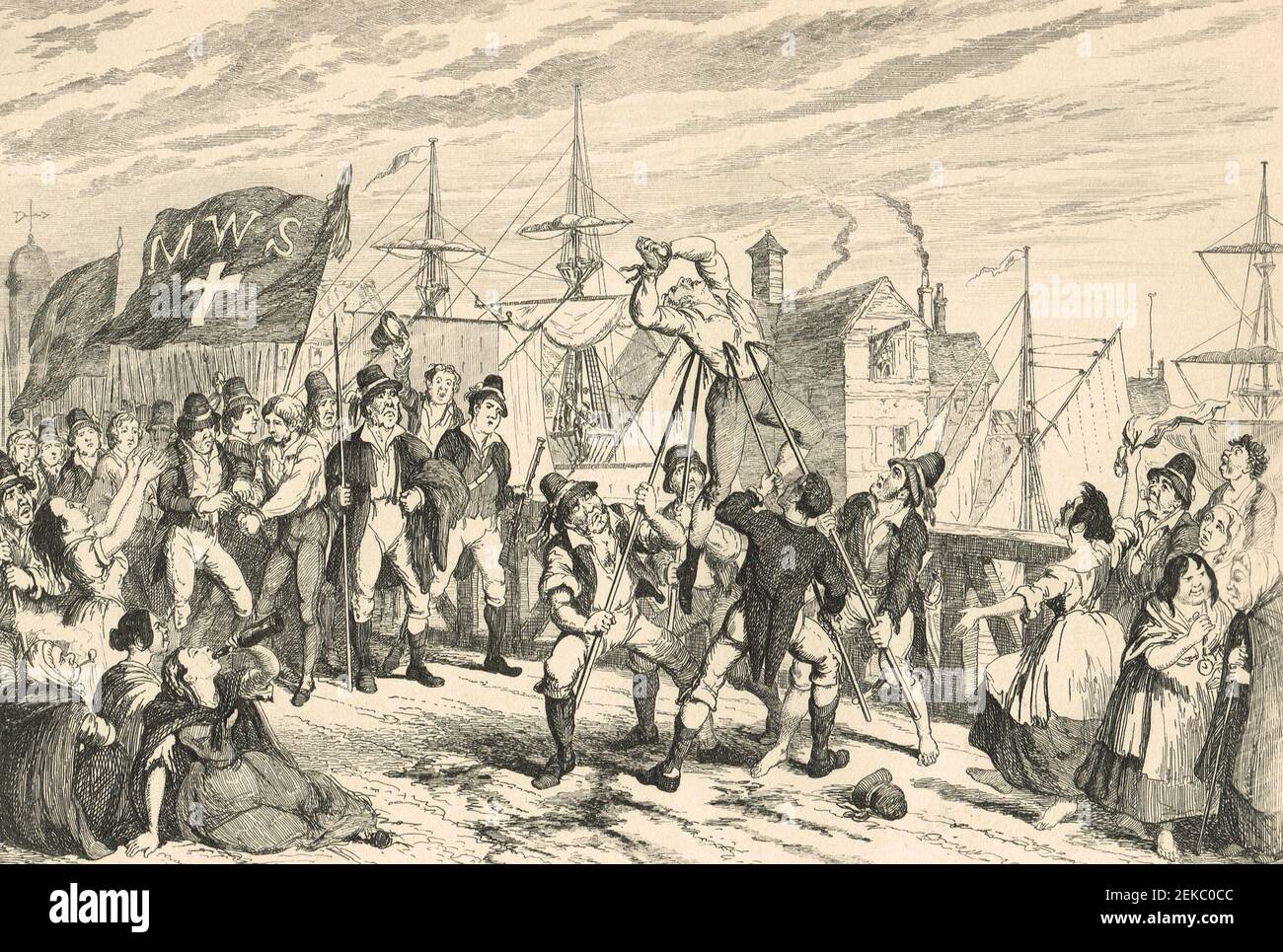 Hinrichtungen an der Wexford Bridge, 20. Juni 1798. Thomas Dixon und seine Anhänger massakrierten während der irischen Rebellion von 1798 überwiegend loyalistische Gefangene auf der Brücke in Wexford. Die Tat wurde von zurückkehrenden Rebellenkommandanten verurteilt, die wiederum später auf der Brücke von den Briten hingerichtet wurden, nachdem sie Wexford zurückerobert hatten. Stockfoto