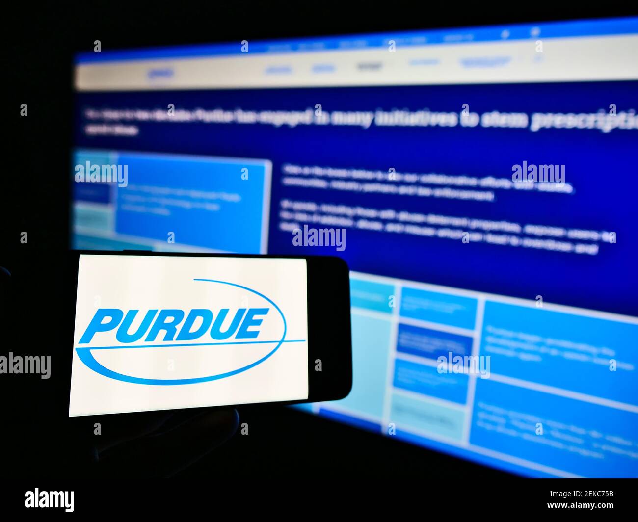 Person, die Mobiltelefon mit Logo des US-Pharmaunternehmens Purdue Pharma L.P. auf dem Bildschirm vor der Business-Website hält. Konzentrieren Sie sich auf die Telefonanzeige. Stockfoto
