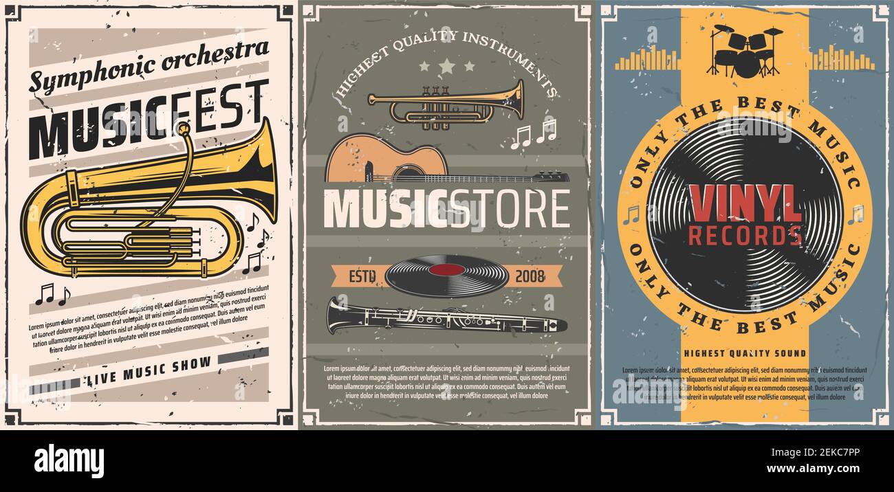 Musikinstrumente und Vinyl-Schallplatten Retro-Plakate von Musik-Shop oder Live-Konzert-Design. Vektorgitarre, Schlagzeug und Trompete, Tuba, Klarinette, Musica Stock Vektor