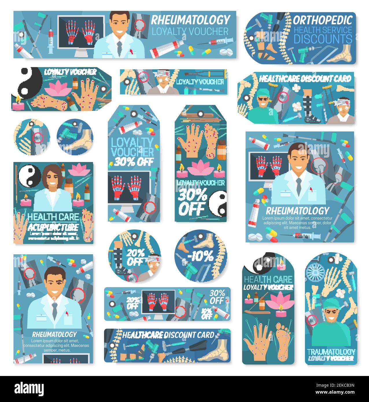 Healthcare Rabatt Tags von Vektor Krankenhaus und Klinik Ärzte Verkauf Angebote. Rheumatologie, Traumatologie, orthopädische Chirurgie und Akupunkturmedizin ca. Stock Vektor