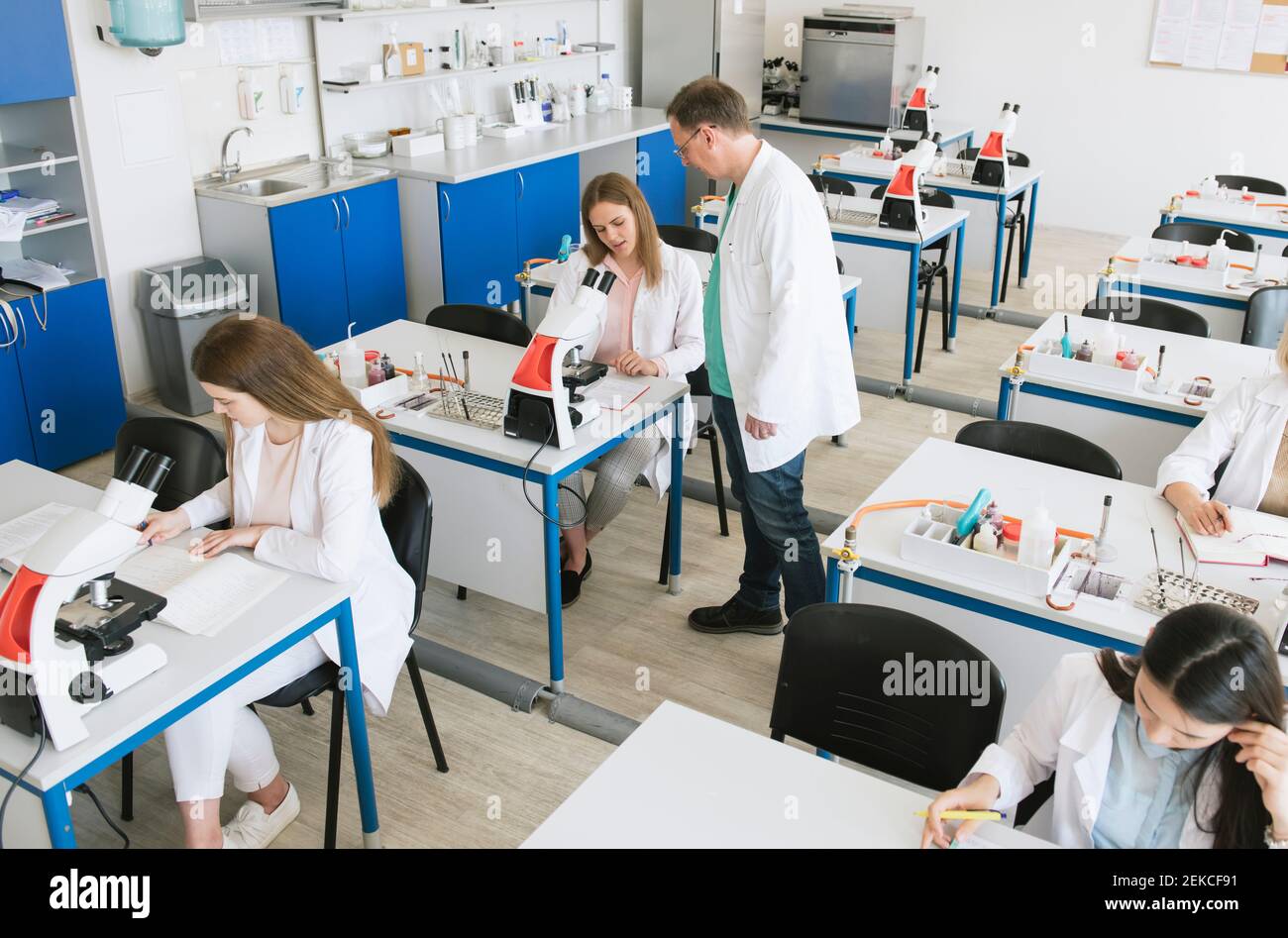 Blick von oben auf Schüler und Lehrer, die in der Wissenschaft arbeiten Klasse Stockfoto
