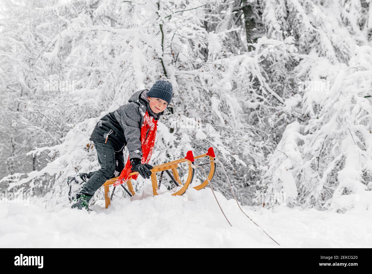 Boyrodeln beim Spielen mit Holzschlitten auf Schnee in Wald Stockfoto