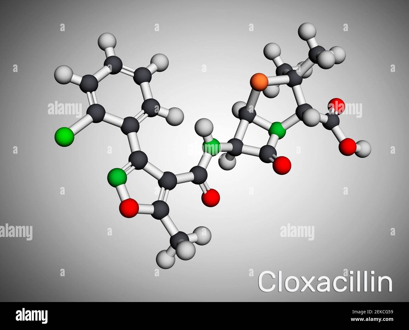 Cloxacillin-Molekül. Es ist antibakteriell Medikament, semi-synthetische Beta-Lactamase resistent Penicillin Antibiotikum. Molekularmodell. 3D Rendern. 3D Abb. Stockfoto