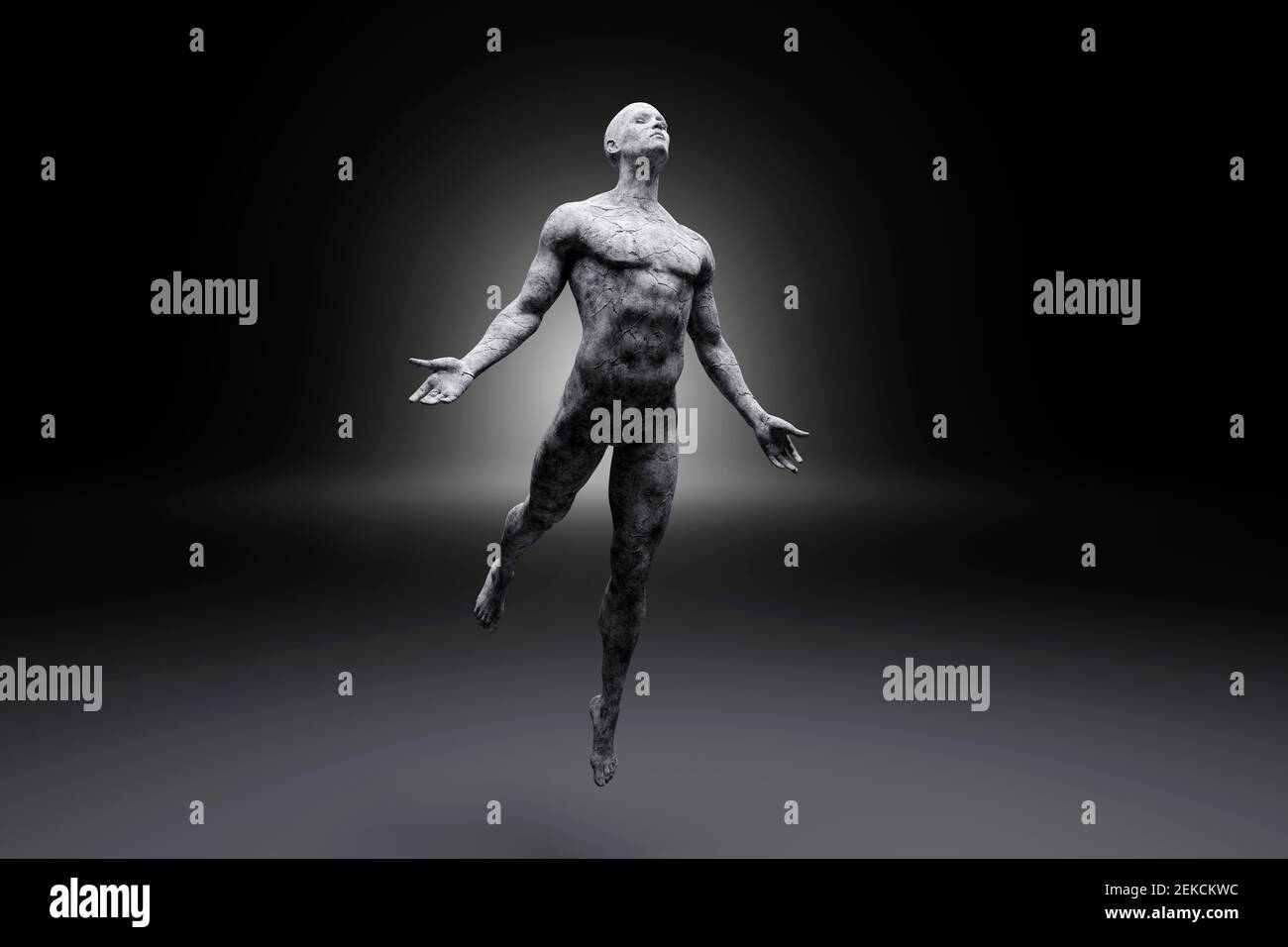 3D Illustration des schwebenden männlichen Charakters aus Beton Stockfoto