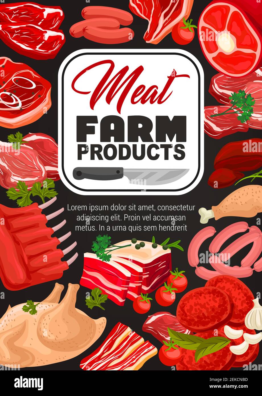 Fleisch und Würste Vektor-Design von landwirtschaftlichen Lebensmitteln mit Kräutern und Metzgermesser. Schweinswürste, Grillfleisch Steaks und Sirloin, Huhn, Lamm Rin Stock Vektor