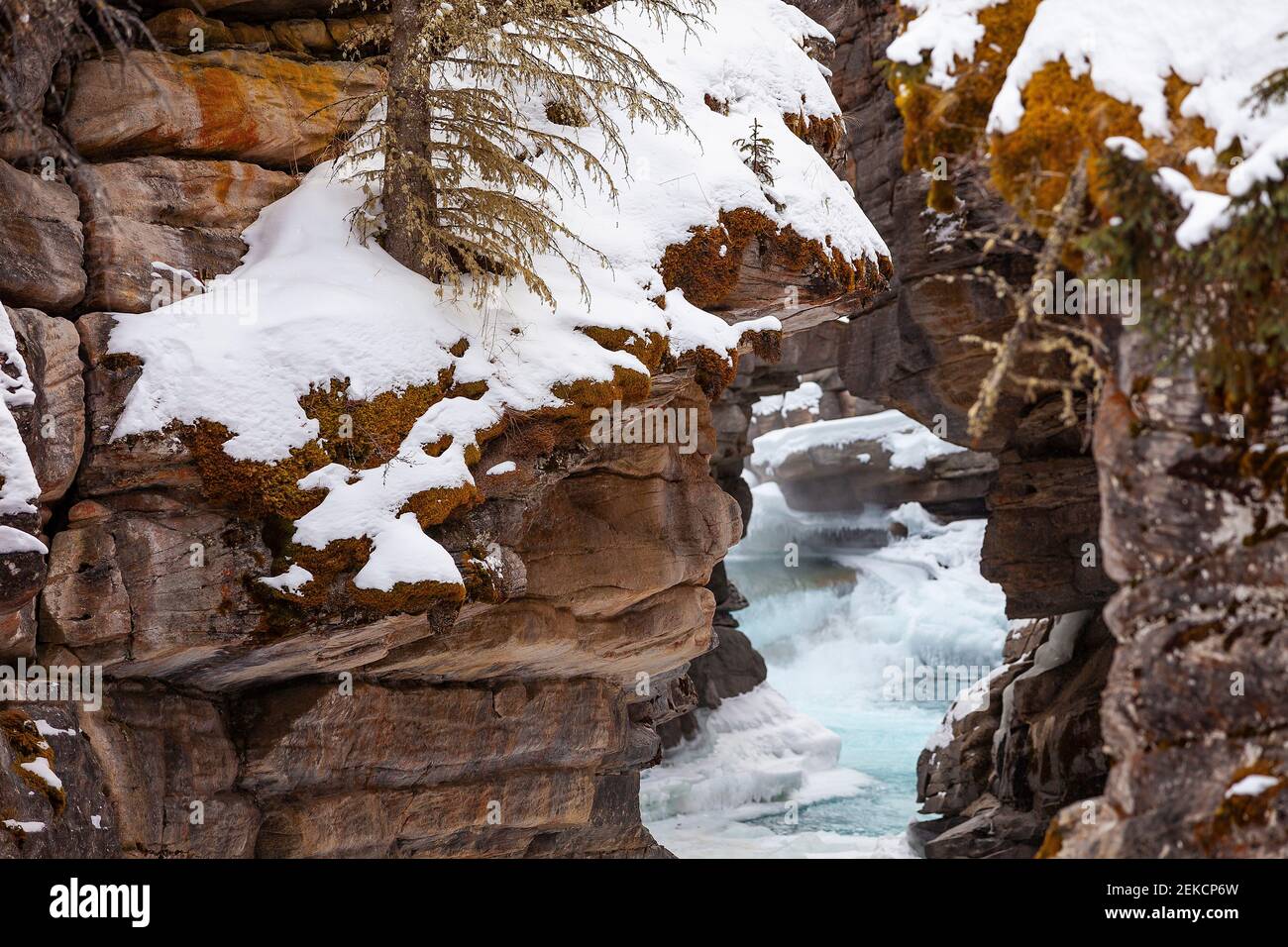 Athabasca Falls im Winter, Jasper Nationalpark, Alberta, Kanada Stockfoto