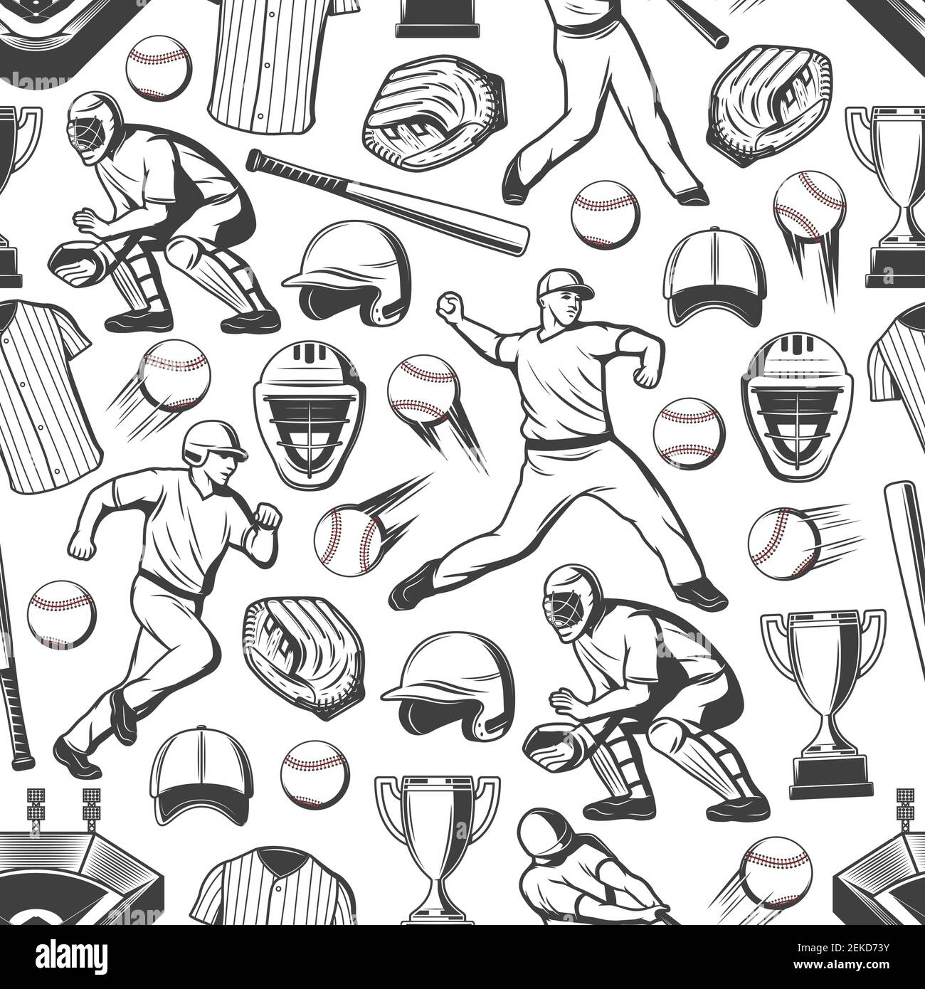 Baseball Sport Spiel Spieler nahtlose Muster Hintergrund. Vektorbälle, Fledermäuse und Siegertrophäen, Stadion-Spielfeld, Catcher Handschuhe und Masken, Team Stock Vektor