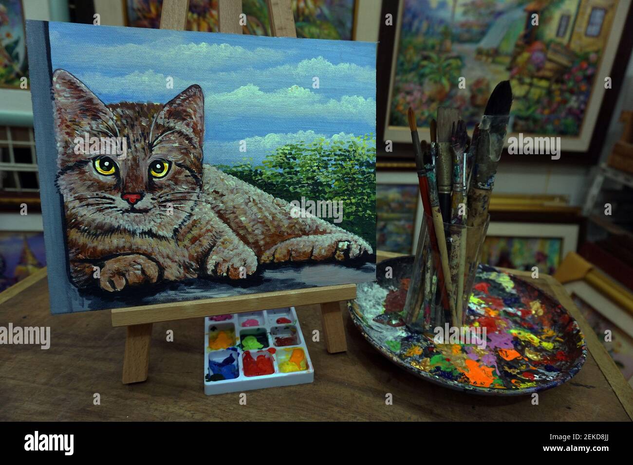 Handgezeichnet, Kunst, Malerei, Ölfarbe, Katze, sehr niedlich. Meaowing Stockfoto