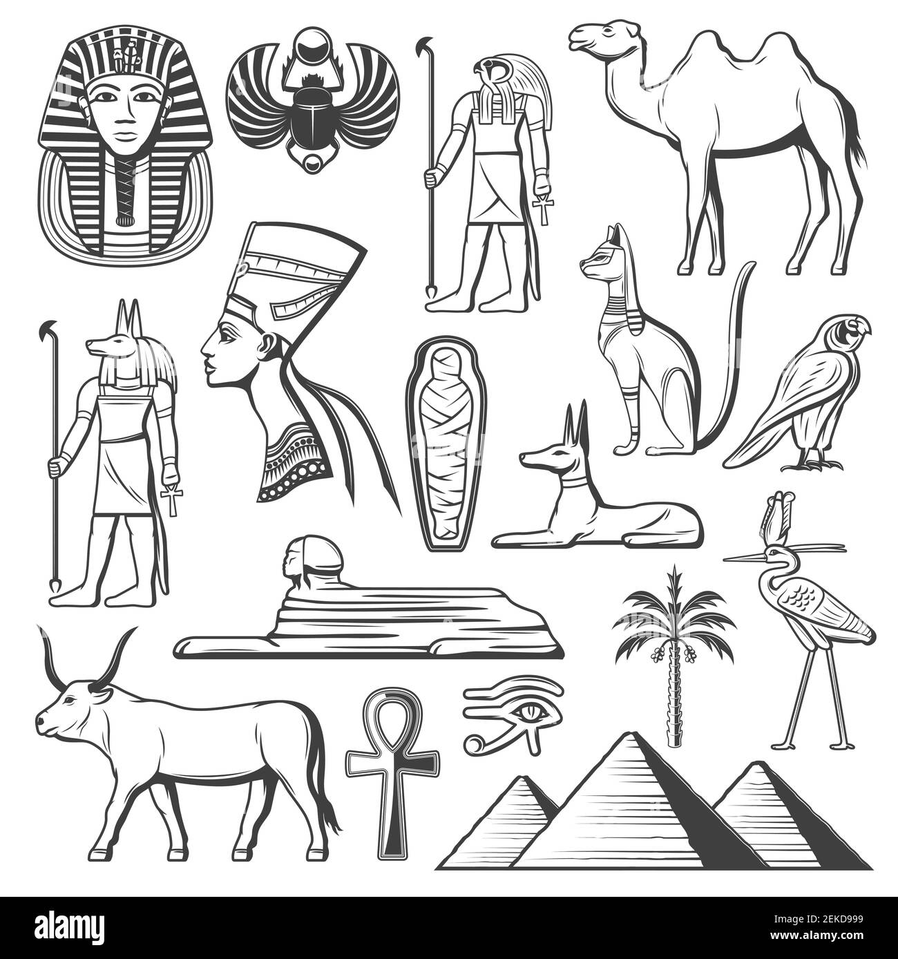 Altes Ägypten Symbole der ägyptischen Religion und Kultur Vektor-Design. Pharao Pyramide, Mama und Sphinx, Anubis gott, Horus Auge und Ankh Zeichen, Tutankha Stock Vektor