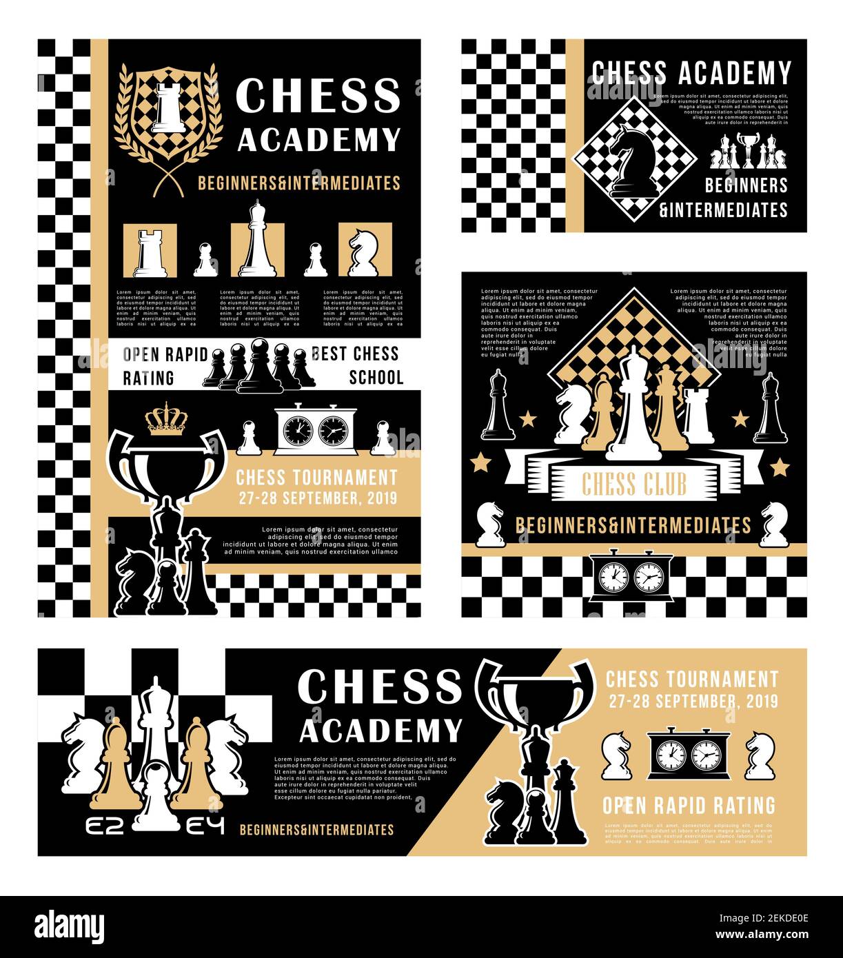 Schach Sport Brettspiel Vektor-Design von Stücken und Gewinner Trophäe Tassen. Chessbords mit schwarzen und weißen Bauern, Ritter und Saatkrähen, Königinnen, Bischöfen und k Stock Vektor