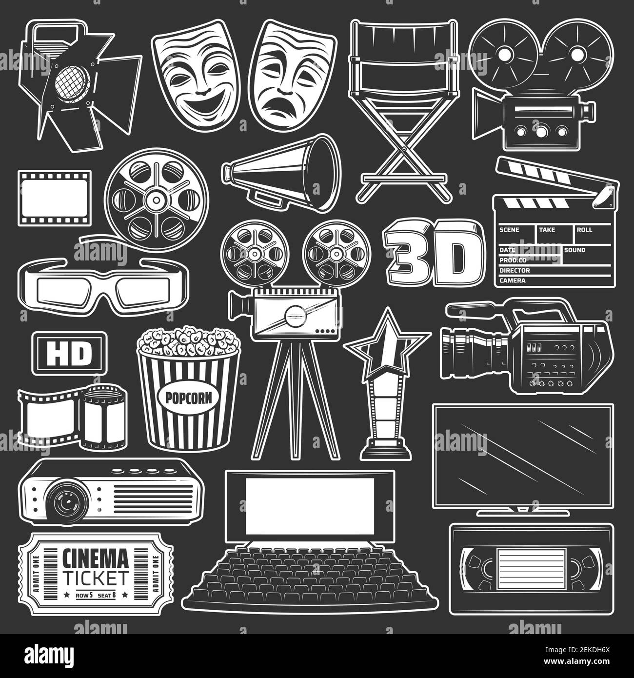 Kino- und Filmproduktion, Theater- und Video-Ikonen des Freizeit- oder Entertainment-Designs. Filmrolle, Kamera und Popcorn, 3D Gläser, Klappbrett und t Stock Vektor Kino- und Filmproduktion, Theater- und Video-Ikonen des Freizeit- oder Entertainment-Designs. Filmrolle, Kamera und Popcorn, 3D Gläser, Klappbrett und t Stock Vektor