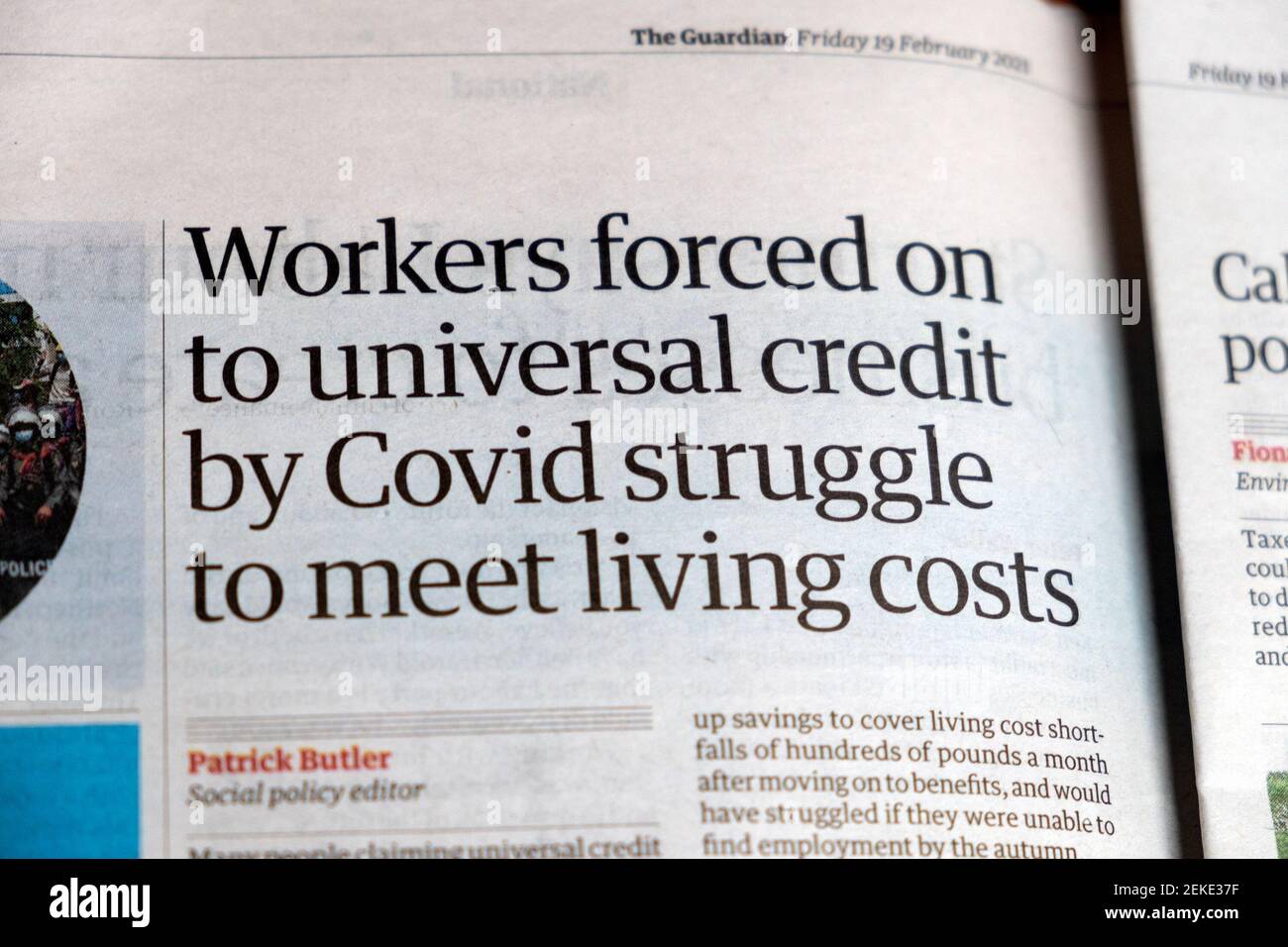 "Die Arbeiter, die von Covid zu universellem Kredit gezwungen werden, kämpfen dafür Meet Living Costs' Zeitungsartikel am 19. Februar 2021 London, Großbritannien Stockfoto