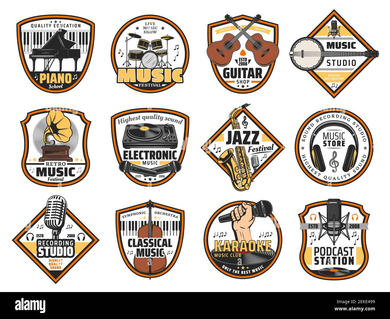 Sound Recording Studio Label, Musikinstrumente Shop und DJ-Ausrüstung Shop Symbole. Vector Karaoke-Bar, Jazz Festival Schilder, Musikband Instrumente gui Stock Vektor
