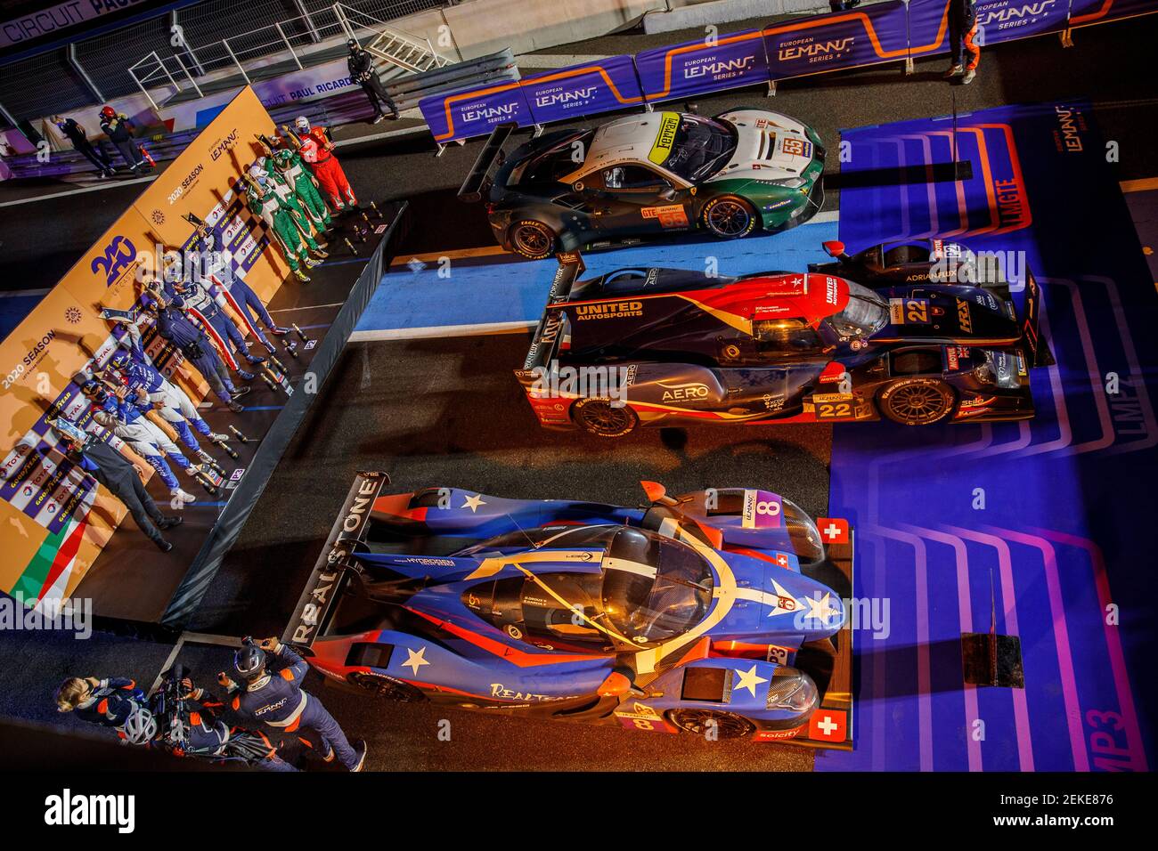 Podium mit 22 Hanson Phil (gbr), Albuquerque Filipe (prt), United Autosport, Oreca 07 Gibson, Action, 08 Garcia Esteban, (che), Droux David (che), Realteam Racing, Ligier JS P320 - Nissan, Action und 55 Cameron Duncan (gbr), Griffin Matthew (irl), Scott Aaron (gbr), Spirit of Race, Ferrari 488 GTE Evo, Action während der 2020 Le Castellet 240, 3rd Lauf der 2020 European Le Mans Series, Vom 28. Bis 29. August 2020 auf der Paul Ricard Rennstrecke, Belgien - Photo Xavi Bonilla / DPPI Stockfoto