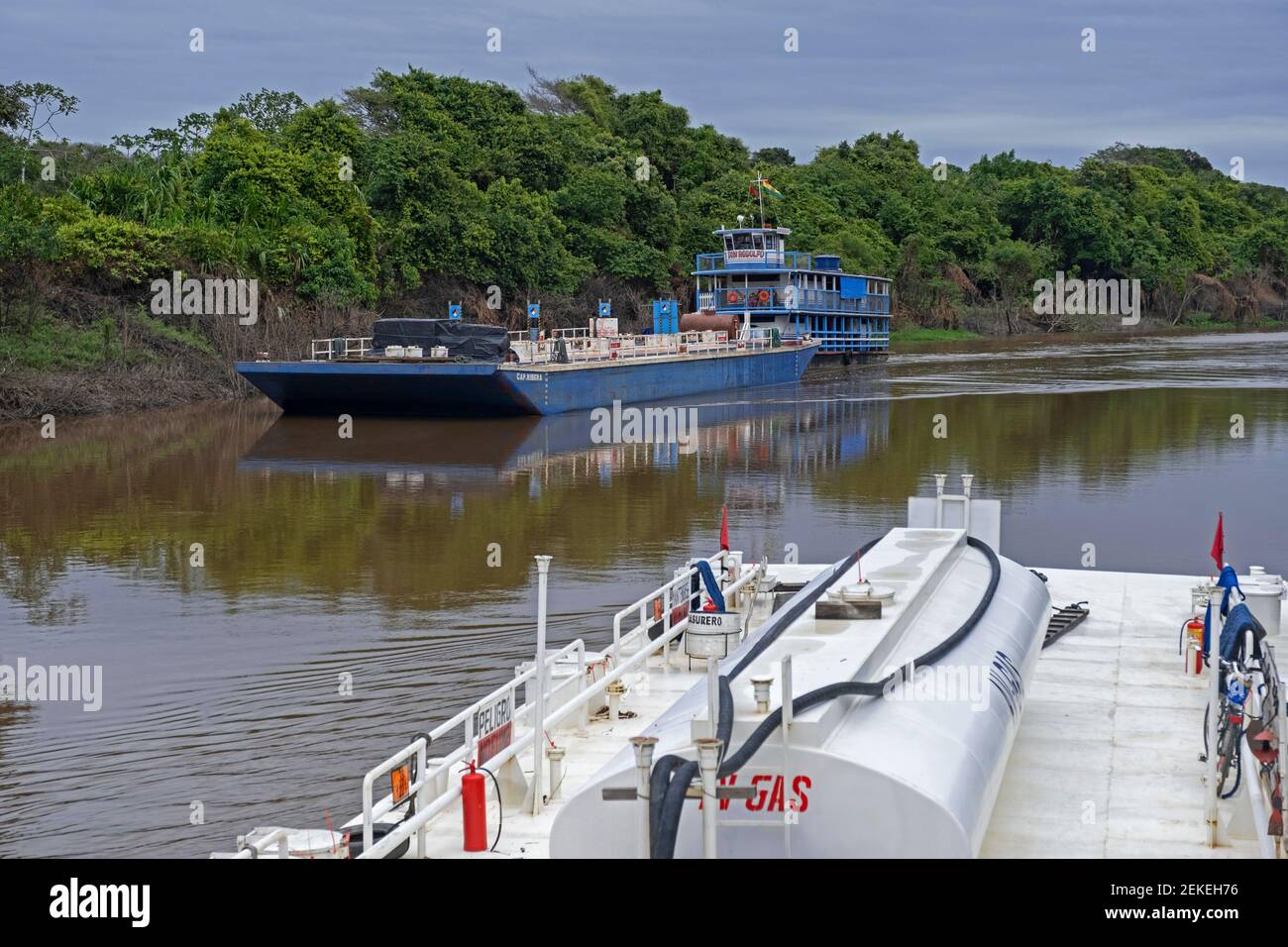 Flussboot / Flussboot schieben Flachbett Barge mit Fracht auf dem Fluss Mamoré im Amazonas, Beni Department, Bolivien Stockfoto
