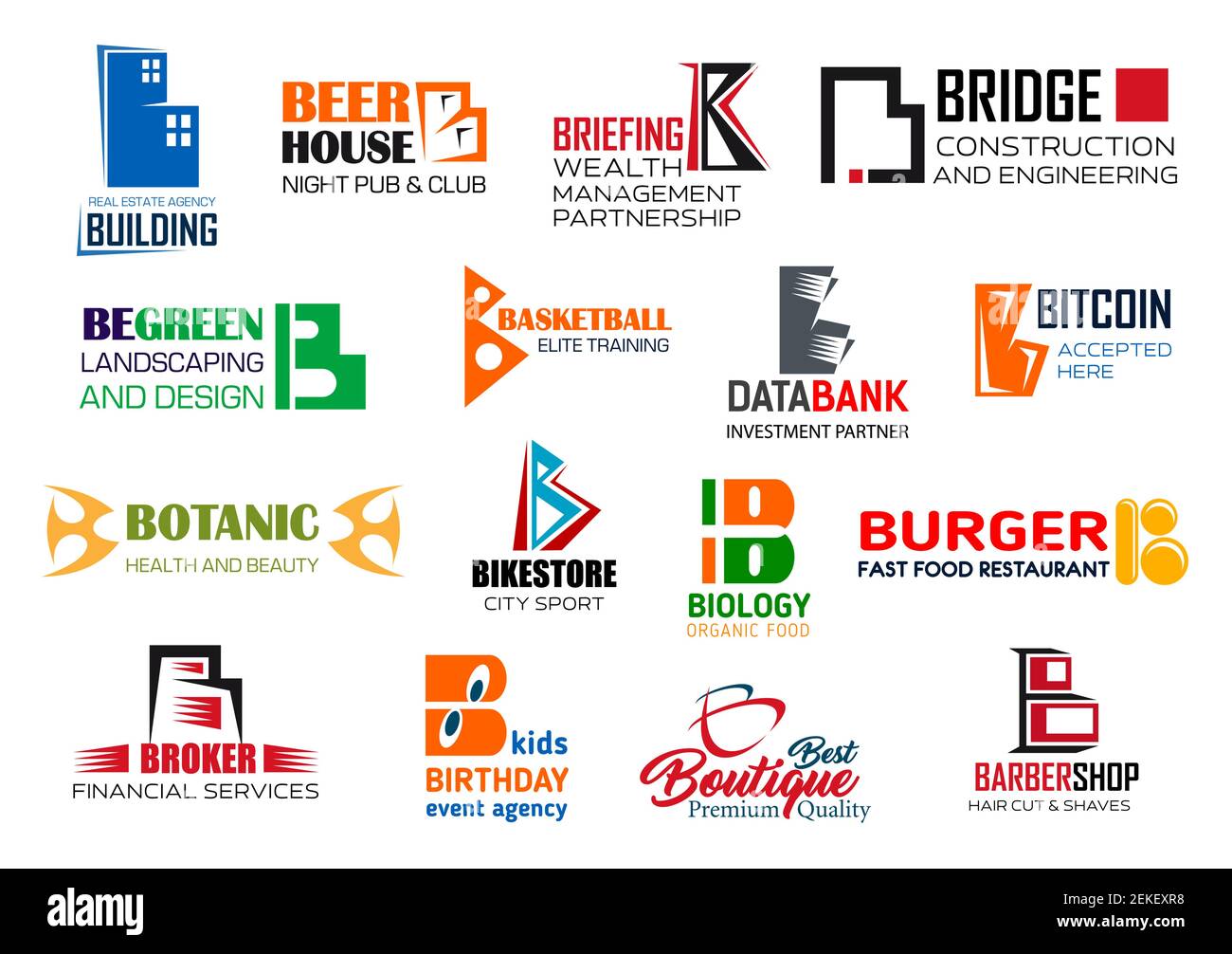 Corporate Identity Letter B Geschäftssymbole. Vector Gebäude und Unterhaltung, Management und Engineering, Landschaftsbau, Sport und Finanzen. Digital Mon Stock Vektor