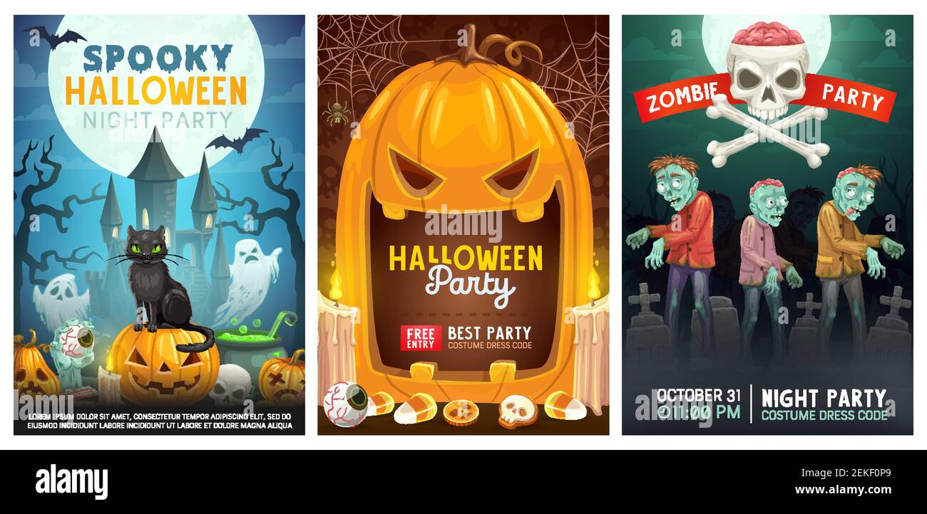 Halloween Nacht Urlaub, Trick or Treat Party mit Zombie und Monster. Vektor Halloween Kürbis Laterne Kerzen auf Friedhof Friedhof, Hexenkatze mit Stock Vektor