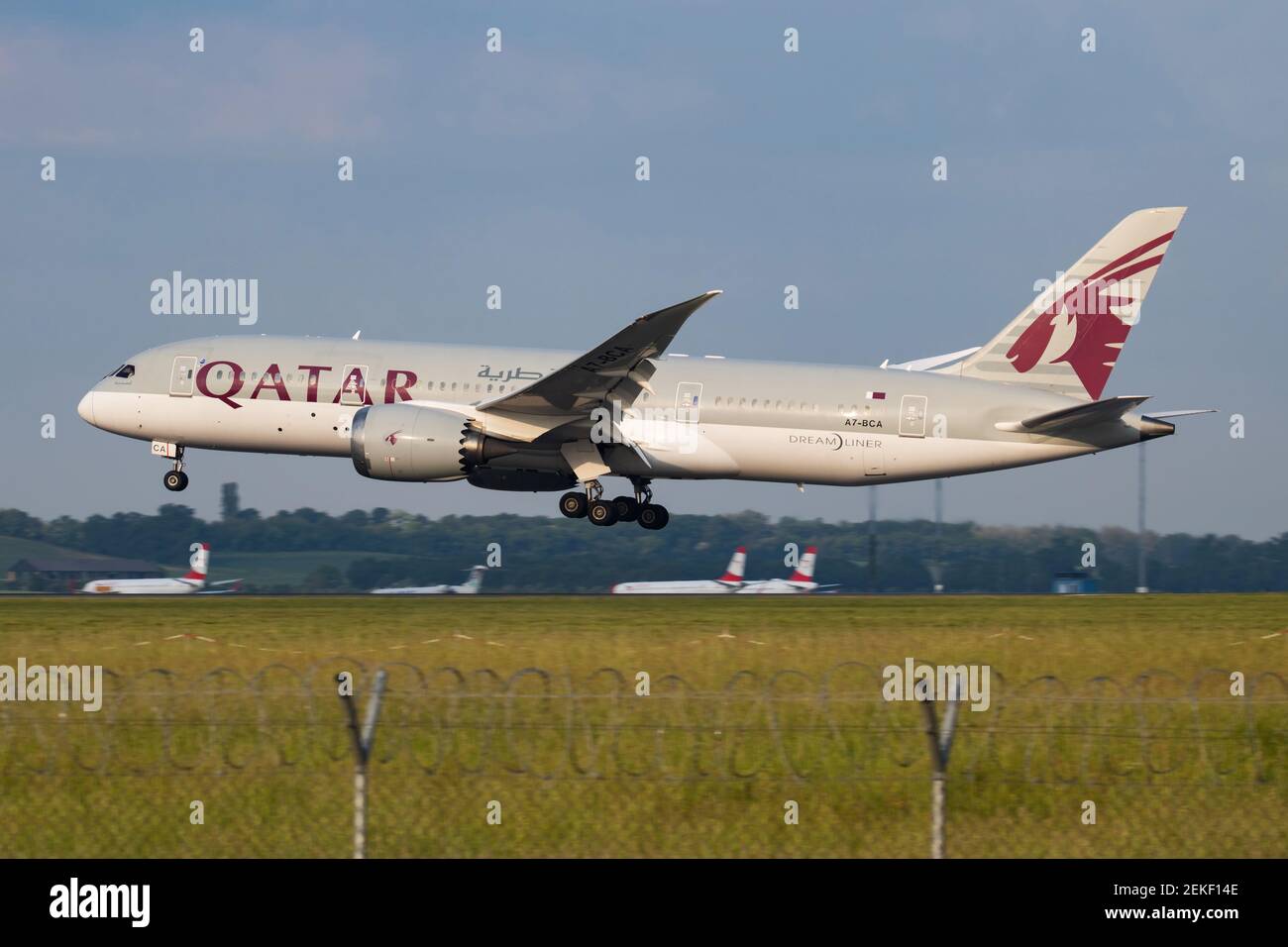 Qatar Airways Boeing 787-8 Dreamliner A7-BCA Passagierflugzeug Ankunft und Landung am Flughafen Wien Stockfoto
