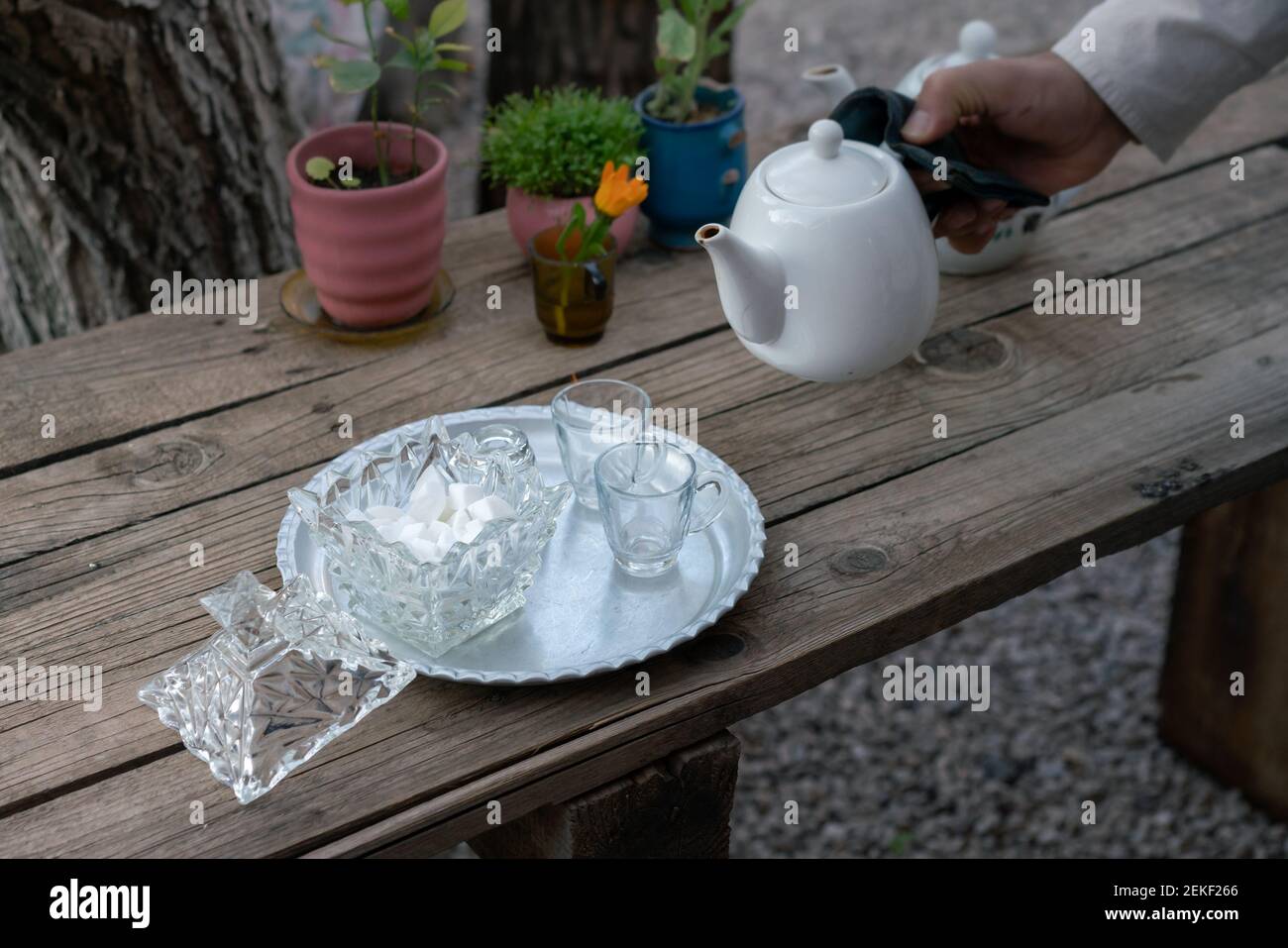 Gießen Sie traditionellen iranischen Tee. Weiße Teekanne, Kristallzucker, Teller auf einem Holztisch im Freien. Shiraz, Iran. Stockfoto