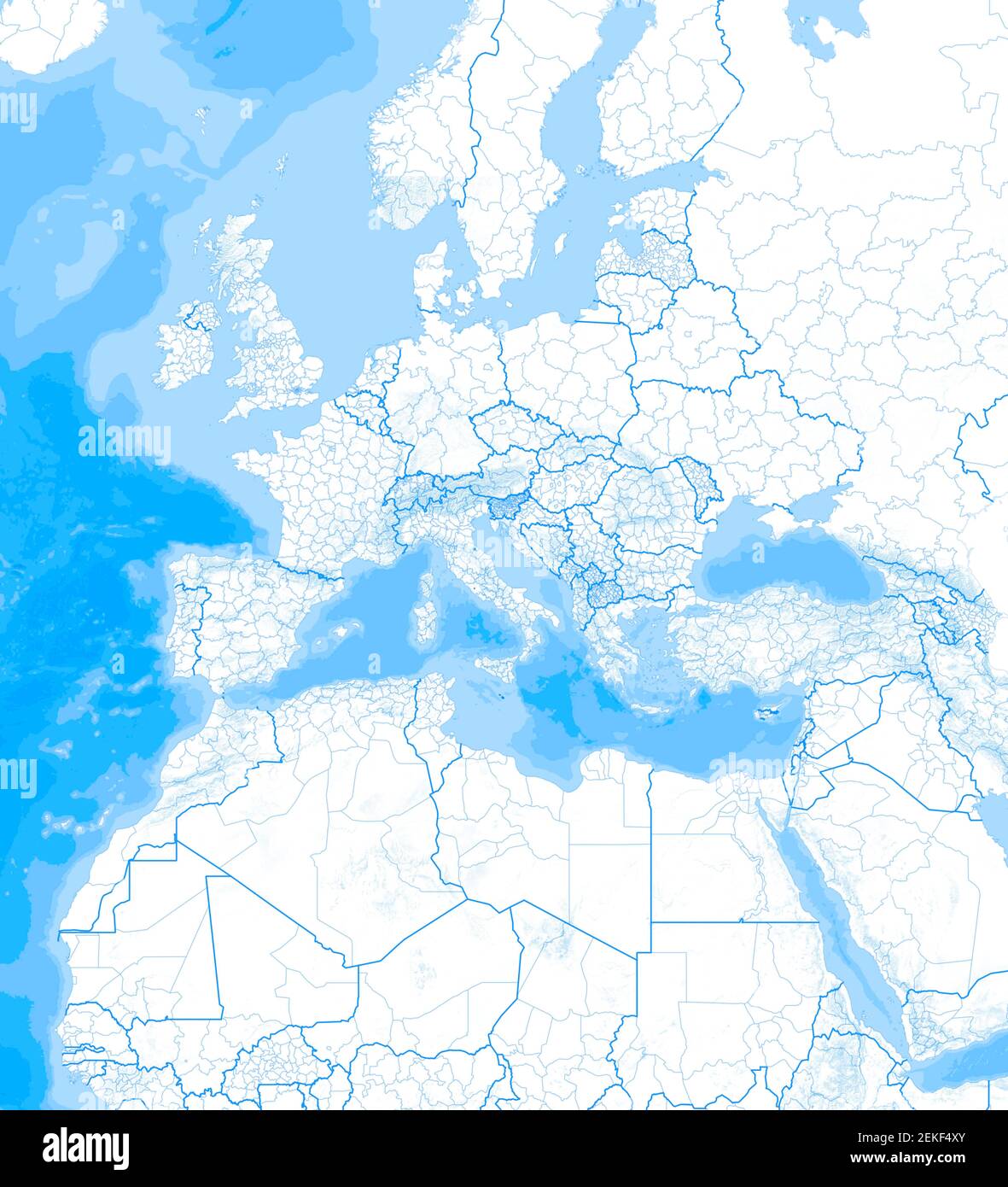 Karte des Mittelmeers und Europas, Afrikas und des Nahen Ostens. Kartographie, geographischer Atlas. 3D Rendern. Grenzen und Bergrelief Stockfoto