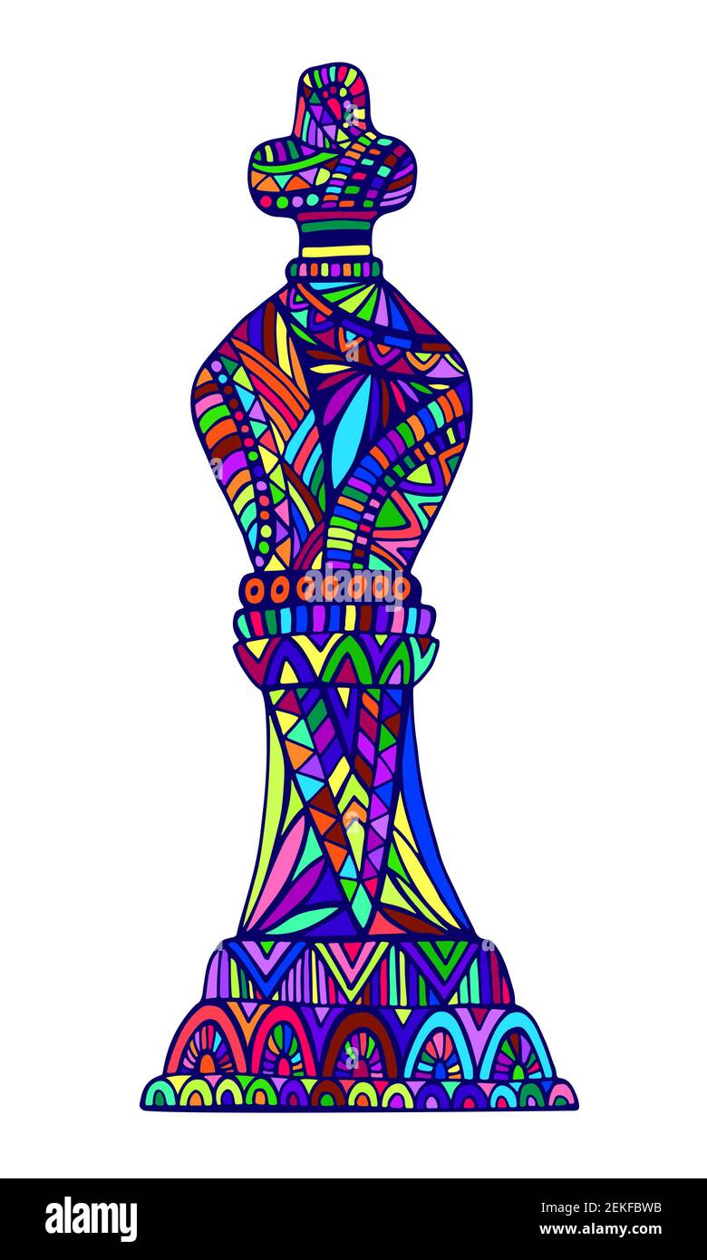 Bright King Schachstück mit dekorativen abstrakten Mustern Doodle-Stil, isoliert auf weiß. Stilvolle Karte mit König Schach Stück. Vektor Hand gezeichnet illus Stock Vektor