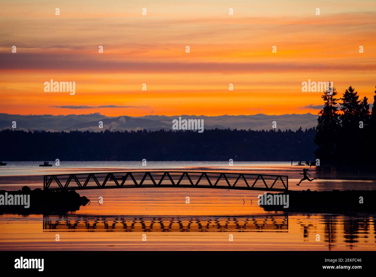 Port Blakely Bridge bei Sonnenaufgang, Bainbridge Island, Washington, USA Stockfoto