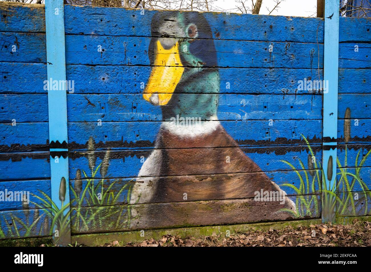 Wandbild einer Stockente auf einem Zaun am Trent und Mersey Kanal, Middleport, Stoke-on-Trent, Großbritannien Stockfoto