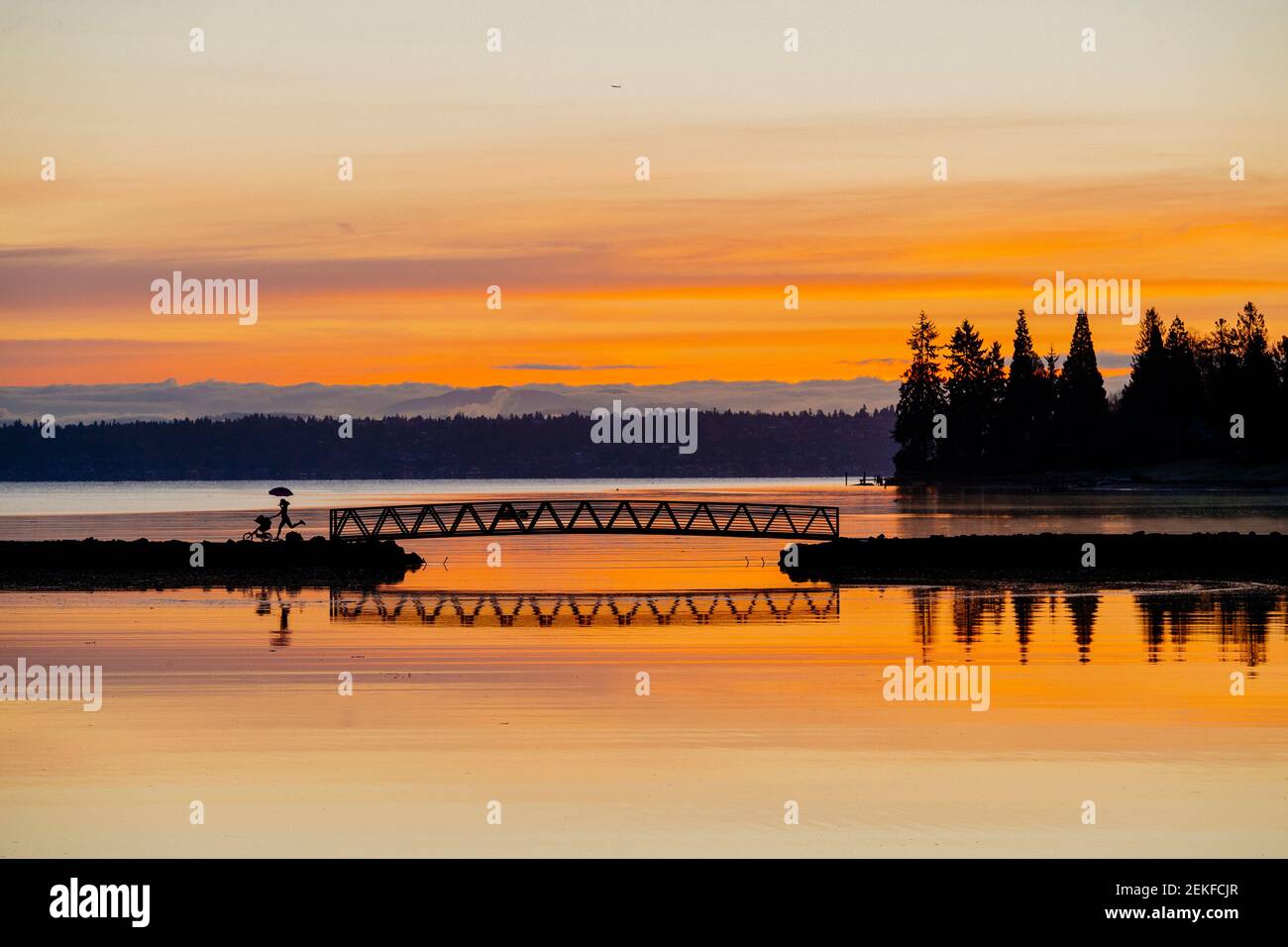 Port Blakely Bridge bei Sonnenaufgang, Bainbridge Island, Washington, USA Stockfoto