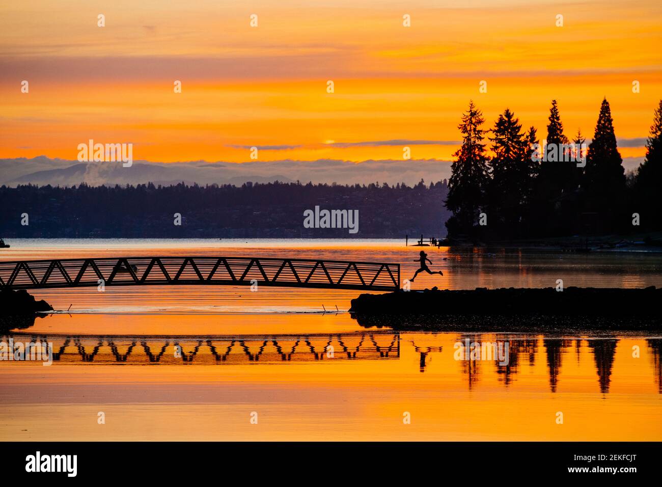 Port Blakely Bridge bei Sonnenaufgang, Bainbridge Island, Washington, USA Stockfoto