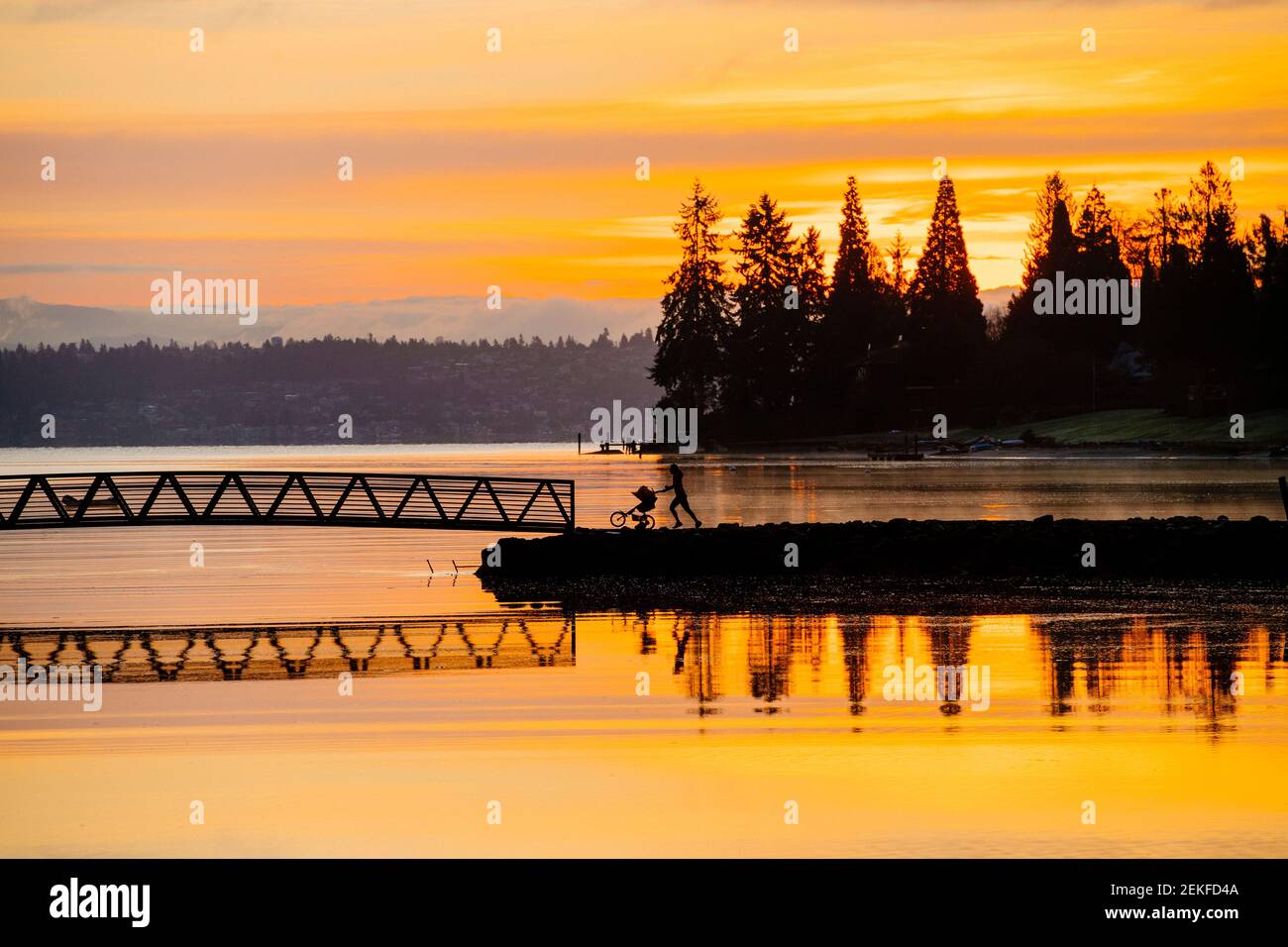 Port Blakely Bridge bei Sonnenaufgang, Bainbridge Island, Washington, USA Stockfoto