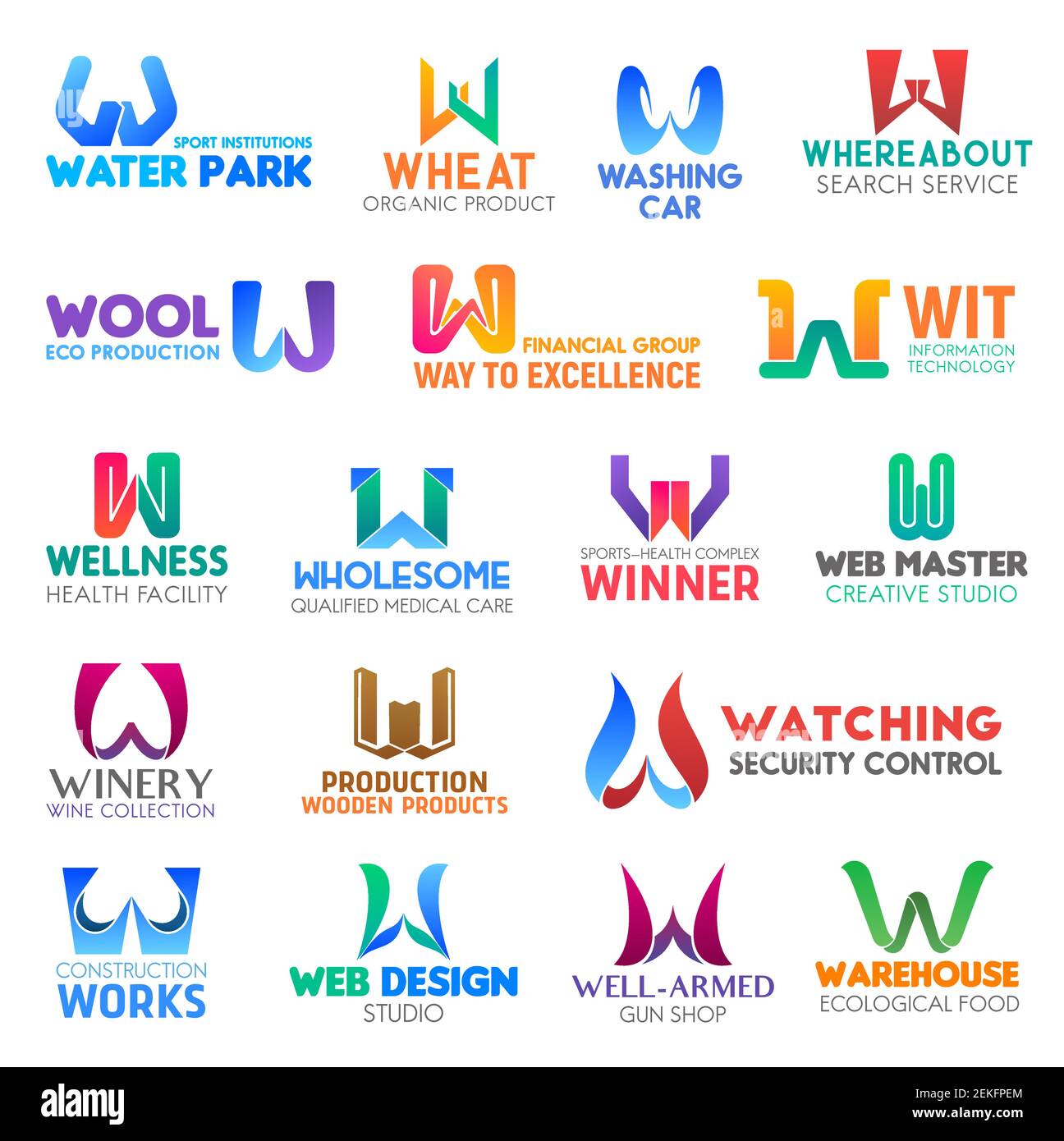 Corporate Identity Letter W Business Icons. Vector Sport und Ernährung, Transport und Suche, Ökologie und Finanzen, Technologie und Gesundheit. Medizin und Stock Vektor